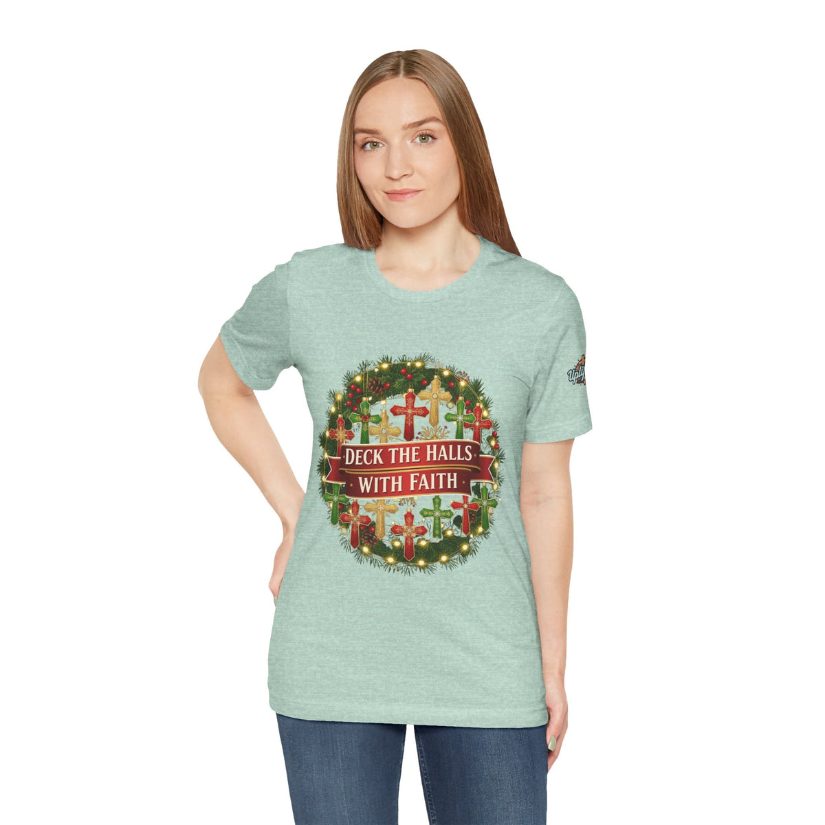 🎄 Deck the Halls with Faith – Christian Christmas T-Shirt | Cross Ornament Design & Festive Garland | Bold Holiday Faith Tee by Uplifted Gear Printify