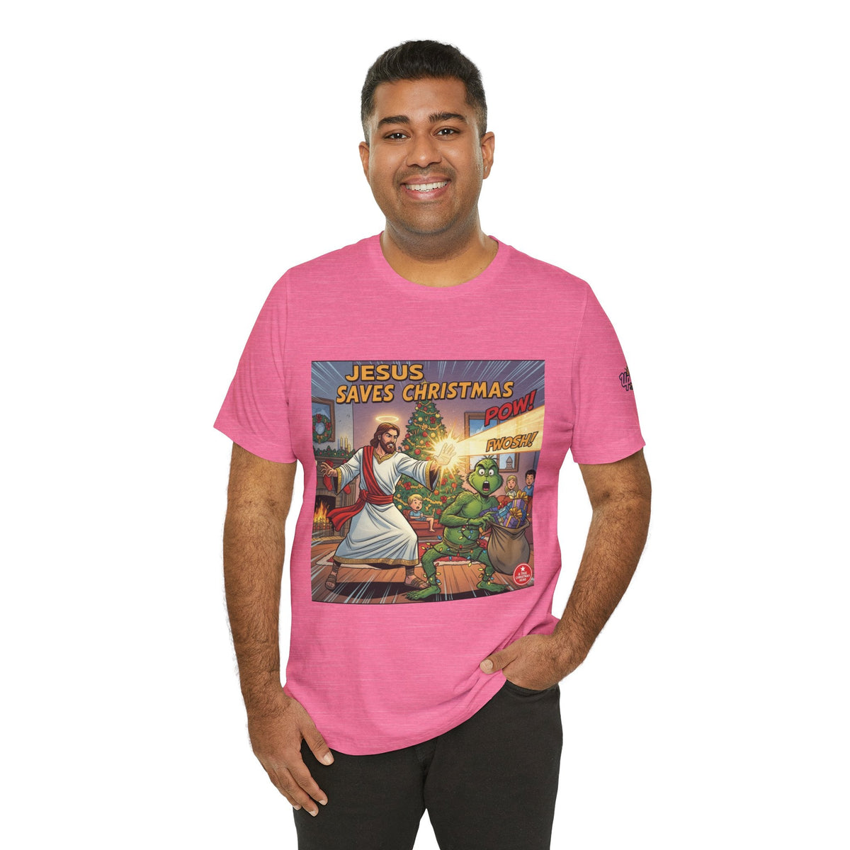 Jesus Saves Christmas T-shirt – Grinch vs Savior Light Battle Christian T-shirt for Hilarious Holiday Faith & True Joy Printify
