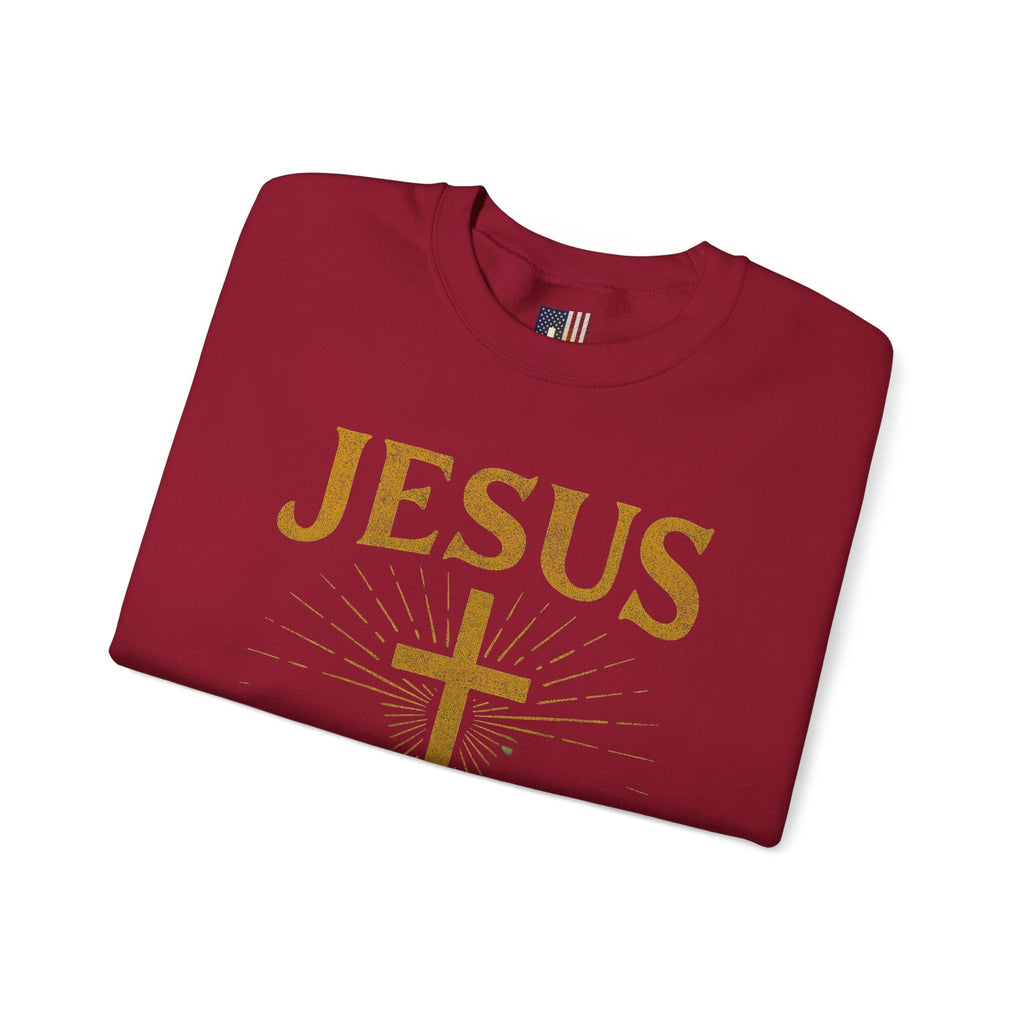 Jesus Saves Sweatshirt – Radiant Cross & Rays of Light Christian Sweatshirt for Eternal Hope & Faith Printify