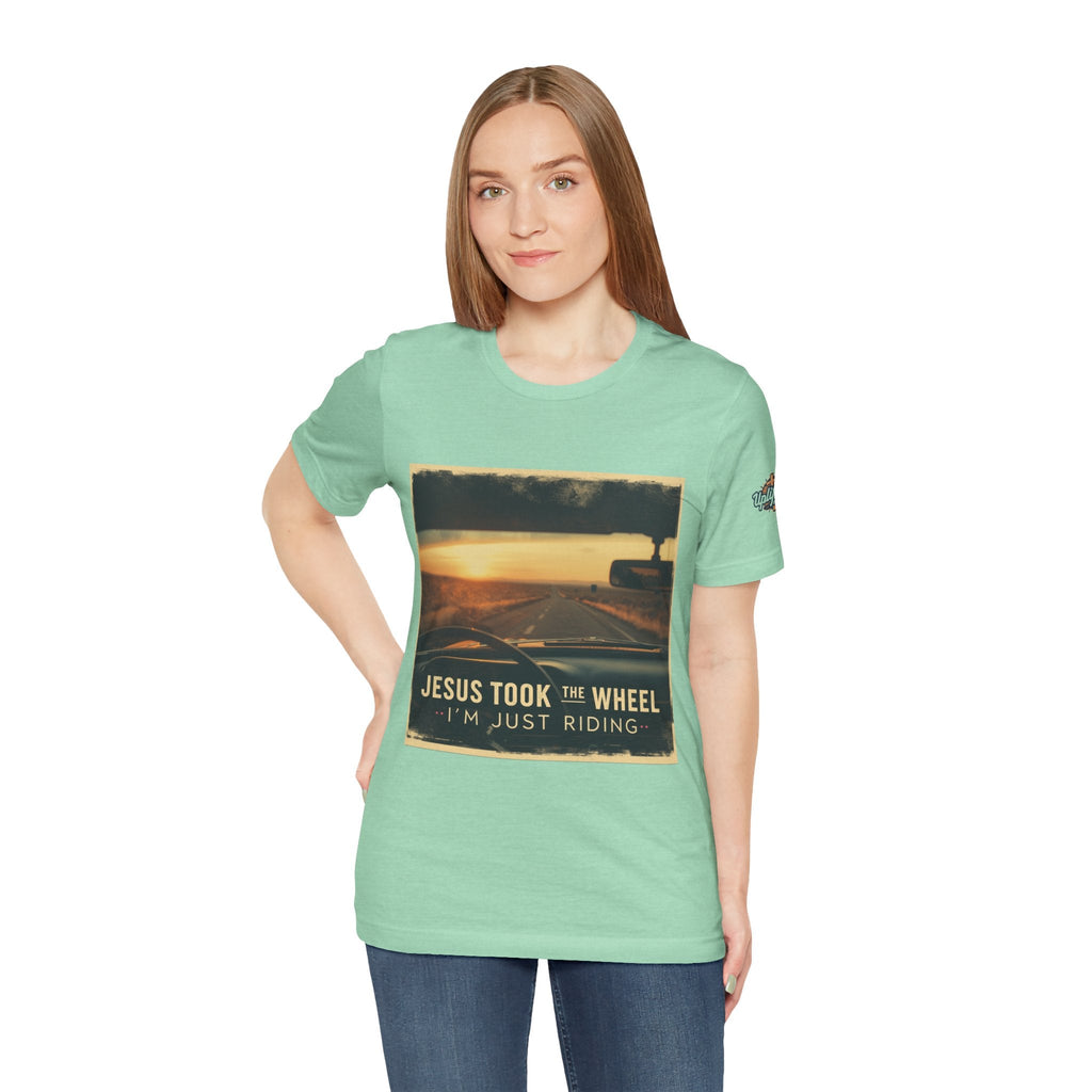 Jesus Took the Wheel I'm Just Riding T-shirt – Funny Christian Convertible Car T-shirt for Surrendered Faith & Humor Printify