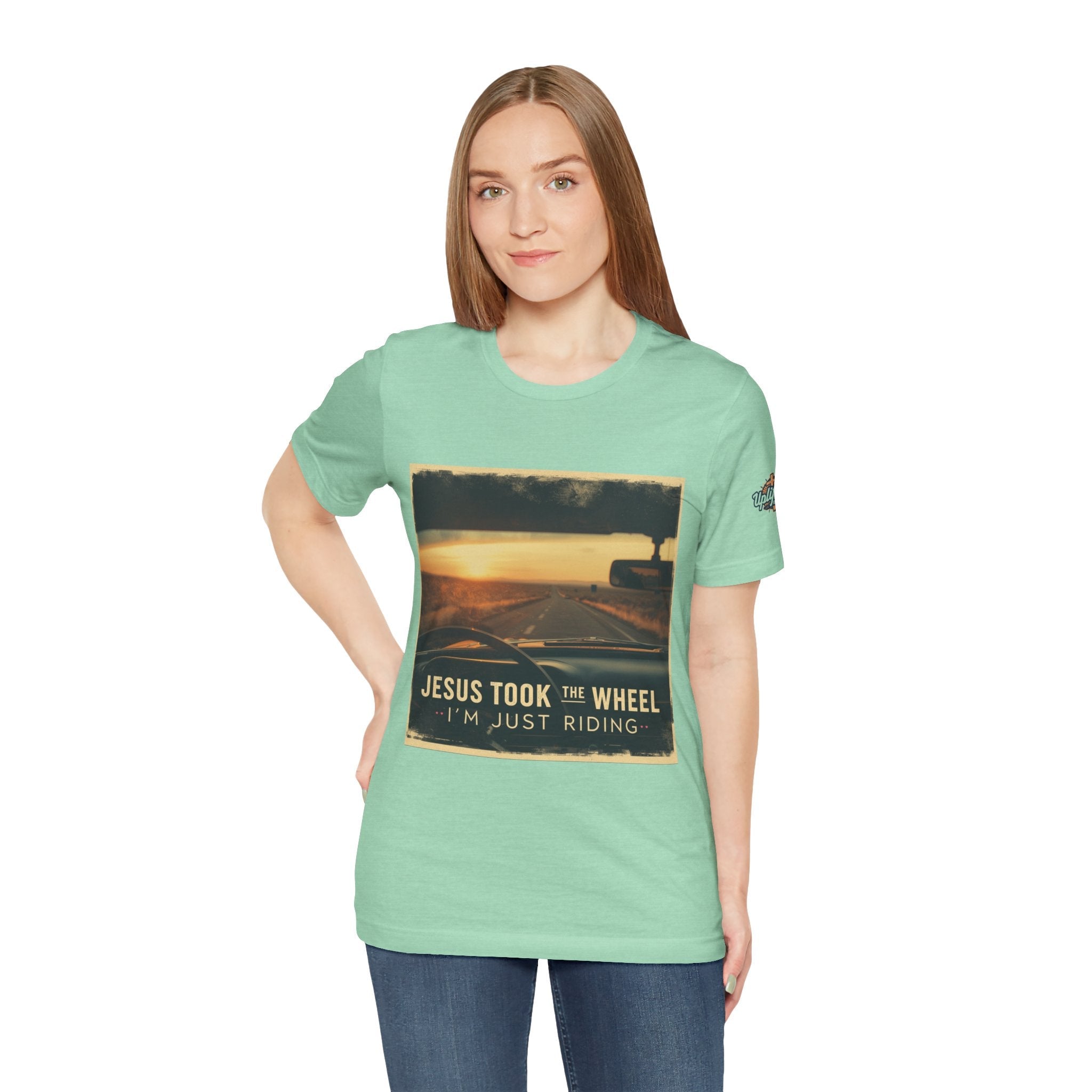 Jesus Took the Wheel I'm Just Riding T-shirt – Funny Christian Convertible Car T-shirt for Surrendered Faith & Humor Printify