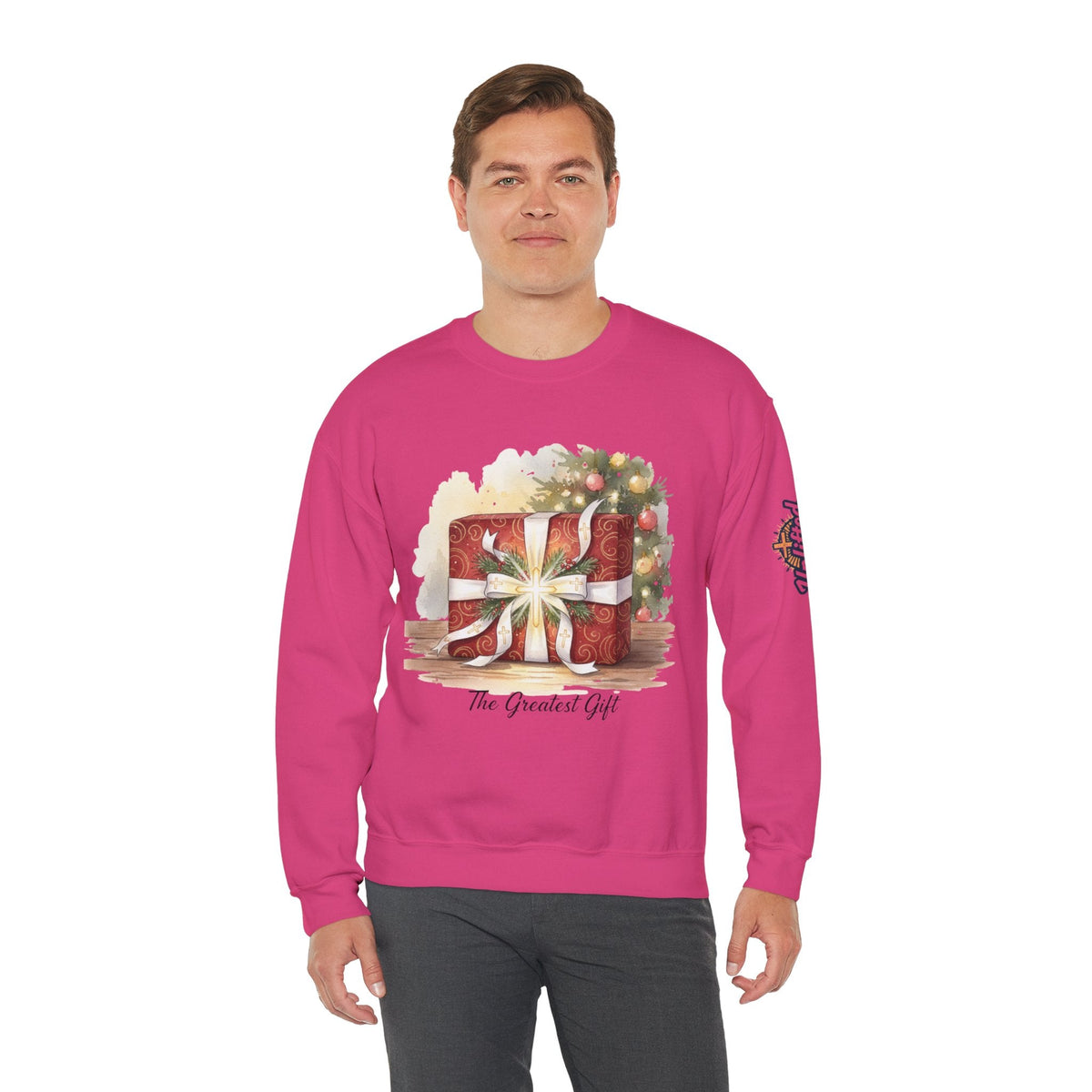 The Greatest Gift Sweatshirt – Cross Bow Present Christian Sweatshirt for Christmas Salvation & Eternal Faith Printify
