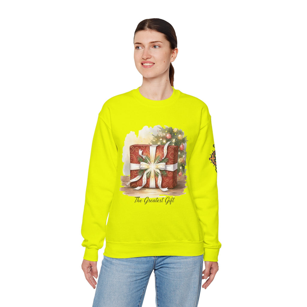 The Greatest Gift Sweatshirt – Cross Bow Present Christian Sweatshirt for Christmas Salvation & Eternal Faith Printify