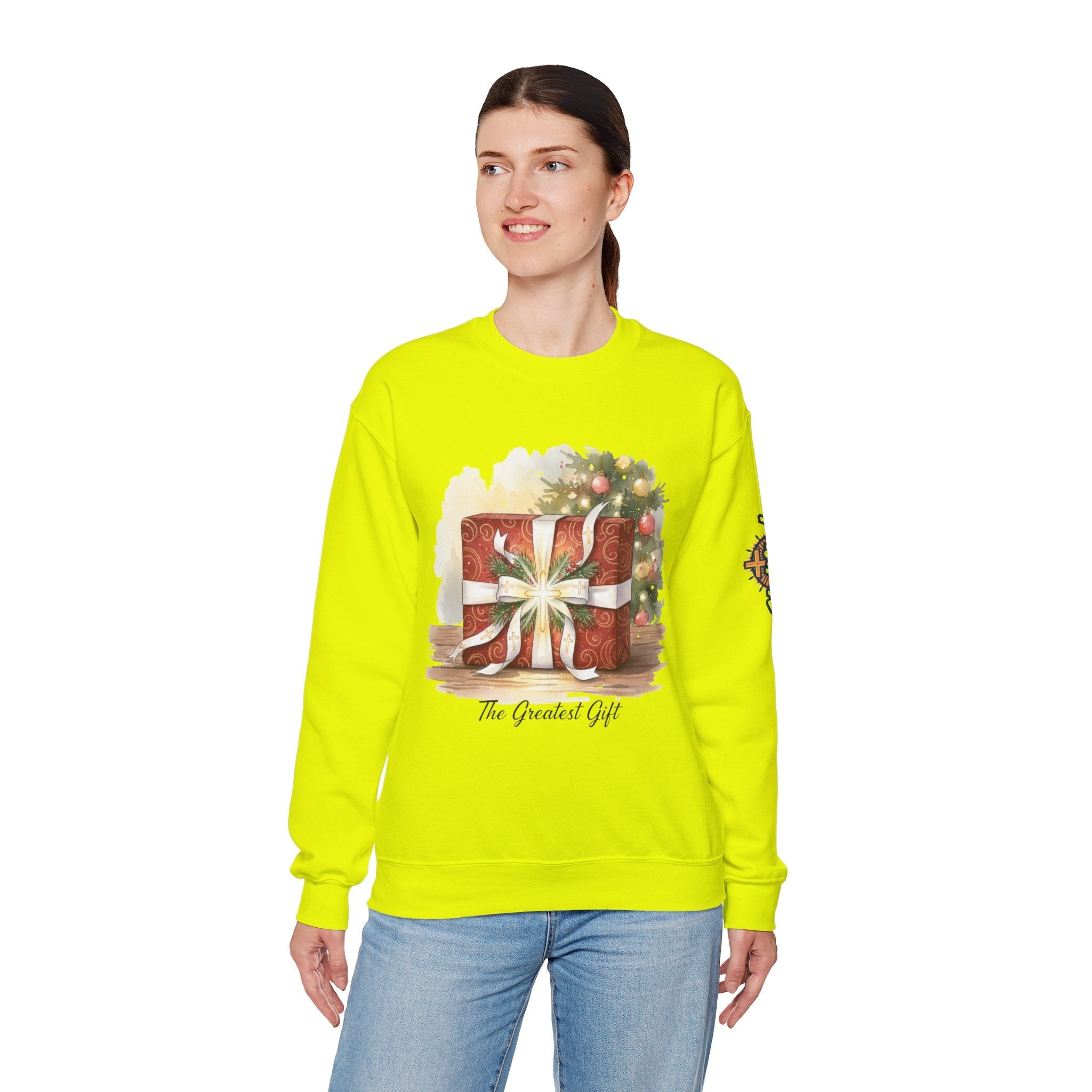 The Greatest Gift Sweatshirt – Cross Bow Present Christian Sweatshirt for Christmas Salvation & Eternal Faith Printify