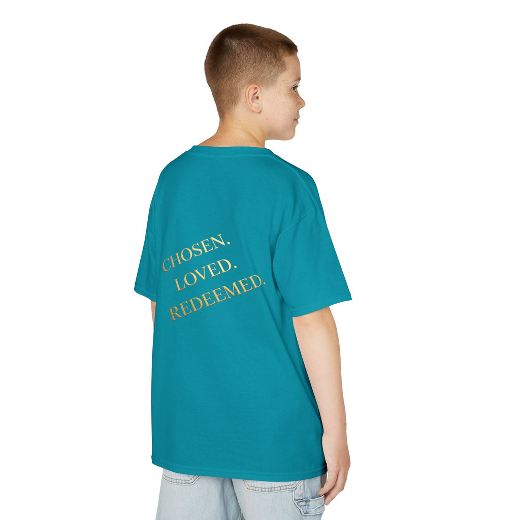 ✨ Chosen. Loved. Redeemed. – Elegant Christian Kids T-Shirt | Gold Foil Faith Tee | Subtle Cross & Heart Design | Inspirational Bible Verse Apparel by Uplifted Gear Printify