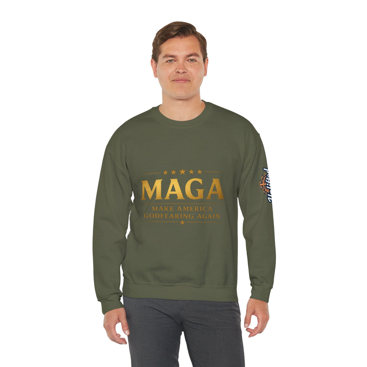 Sweatshirt — "MAGA Make America Godfearing Again" Gold Logo Crewneck Printify