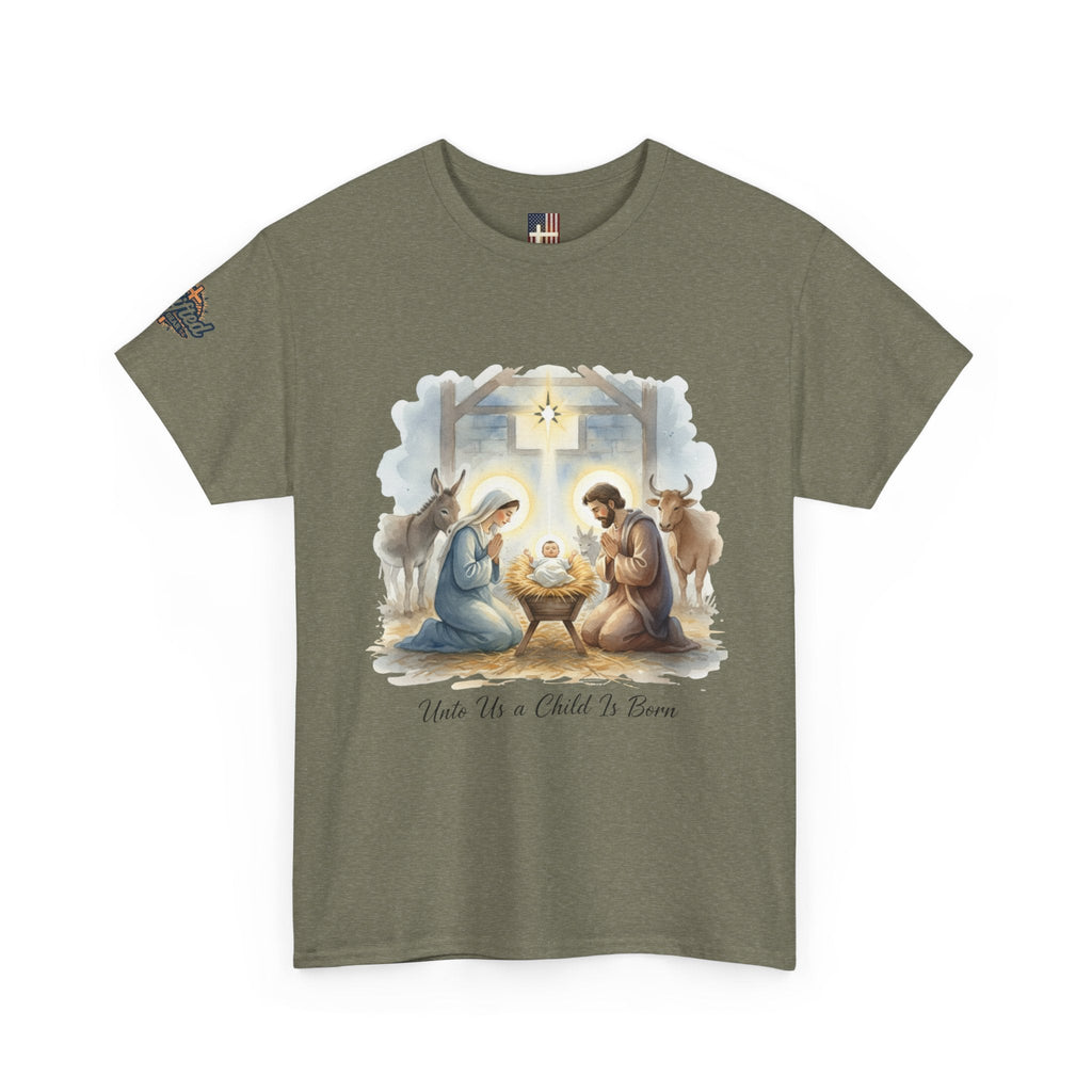 Unto Us a Child is Born T-shirt – Isaiah 9:6 Nativity Manger Scene Christian Christmas T-shirt for Holy Night Faith Printify