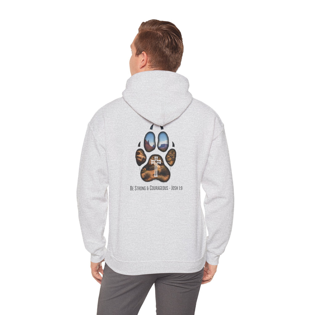 Strong and Courageous Hoodie – Joshua 1:9 Canine Pawprint Desert Christian Hoodie for Dog Lovers Printify