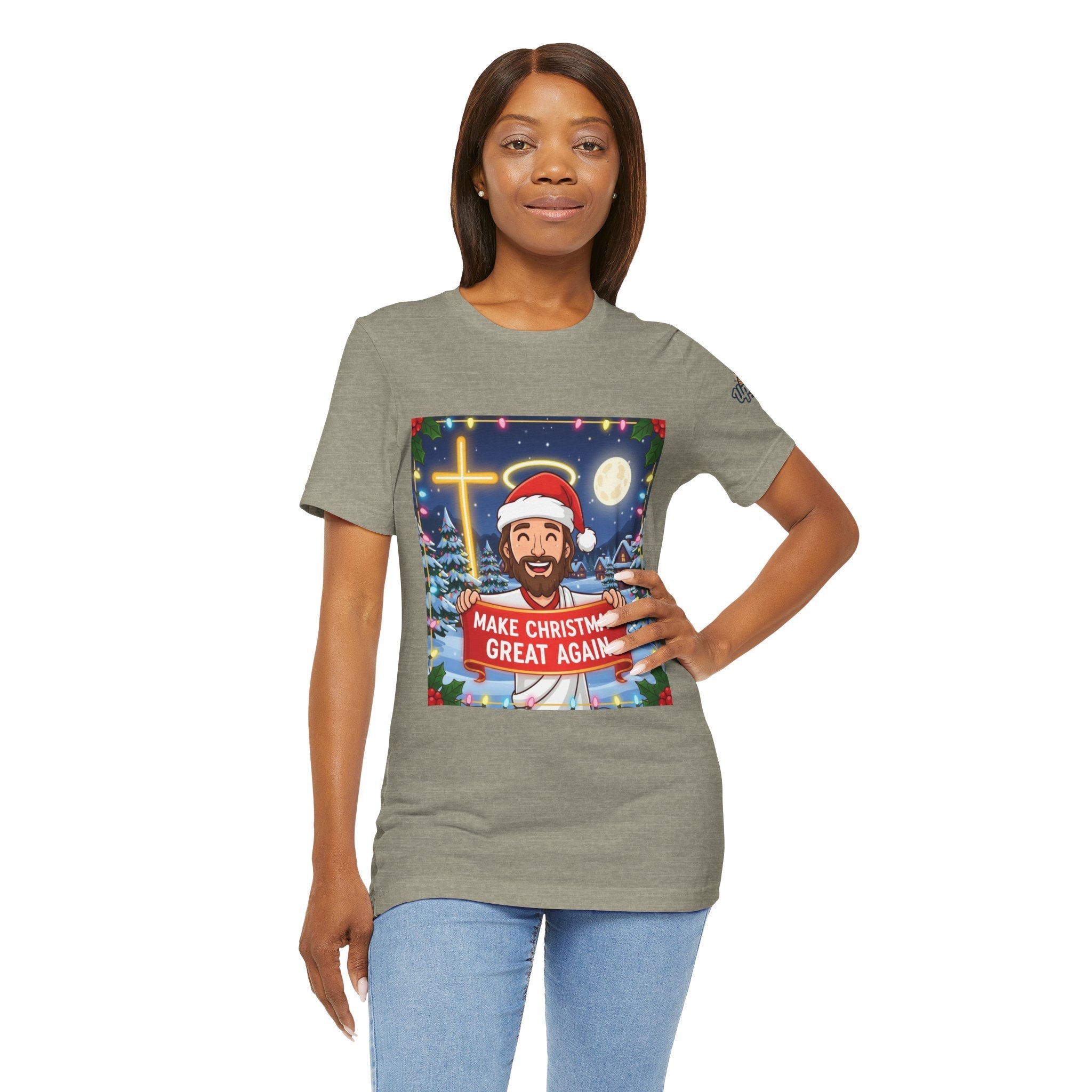 🎄 Make Christmas Great Again – Funny Christian T-Shirt | Jesus Holding Banner | Faith-Based Holiday Parody Tee | Uplifted Gear Printify