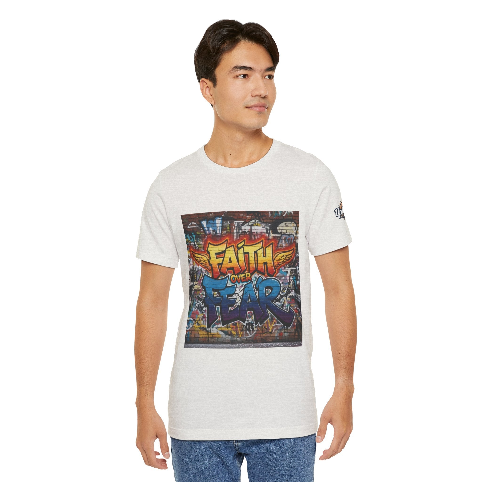 Faith Over Fear T-shirt – Graffiti Wall Christian T-shirt for Bold 2 Corinthians 5:7 Streetwear & Unshakable Faith Printify