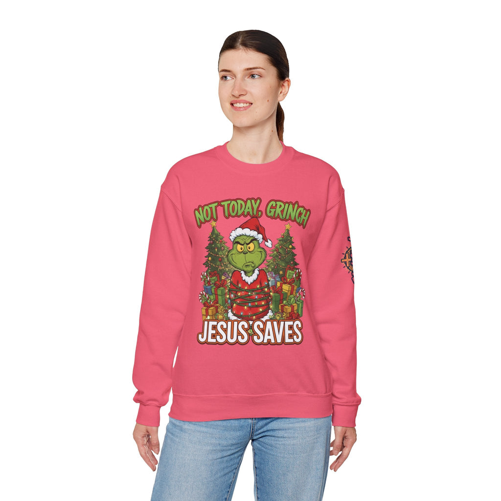 🎄 Not Today, Grinch – Jesus Saves | Funny Christian Christmas Sweatshirt | Sulking Grinch & Glowing Cross | Bold Neon Faith Tee by Uplifted Gear Printify