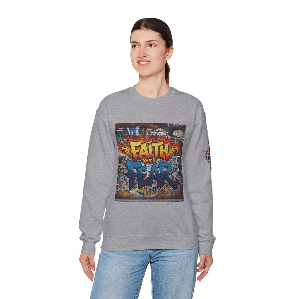 Faith Over Fear Sweatshirt – Graffiti Wall Christian Sweatshirt for Bold 2 Corinthians 5:7 Streetwear & Unshakable Faith Printify