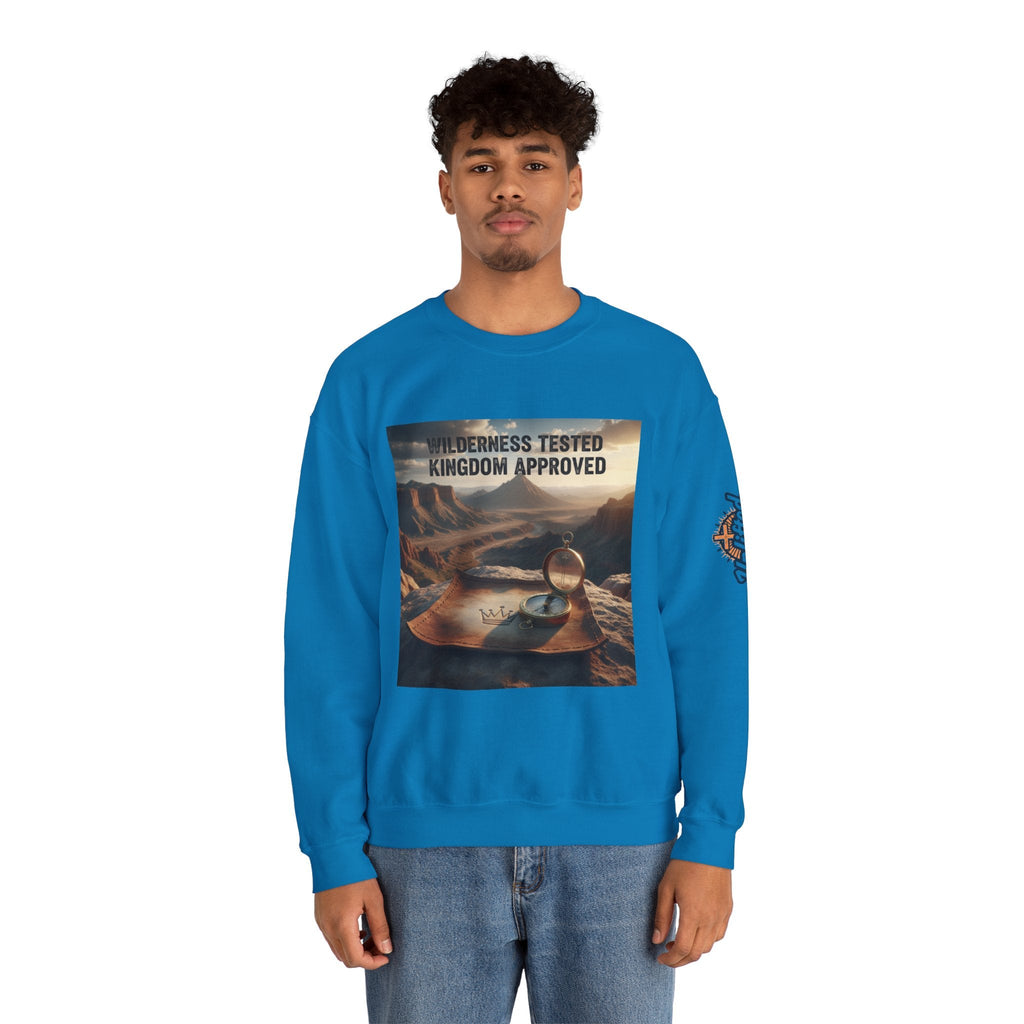 Wilderness Tested Kingdom Approved Sweatshirt – Mountain Desert Compass Crown Christian Sweatshirt for Biblical Adventure Faith Printify