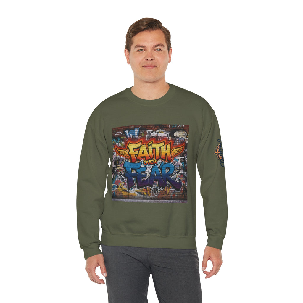 Faith Over Fear Sweatshirt – Graffiti Wall Christian Sweatshirt for Bold 2 Corinthians 5:7 Streetwear & Unshakable Faith Printify