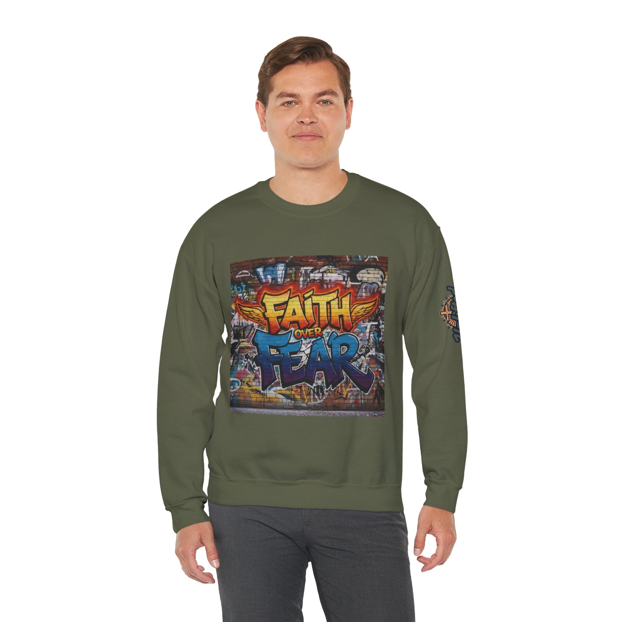 Faith Over Fear Sweatshirt – Graffiti Wall Christian Sweatshirt for Bold 2 Corinthians 5:7 Streetwear & Unshakable Faith Printify