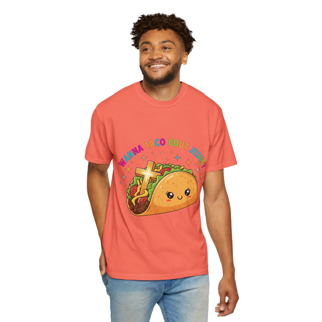 Wanna Taco 'Bout Jesus? Funny Christian Pun T-Shirt – Lettuce Pray & Share Faith! Printify