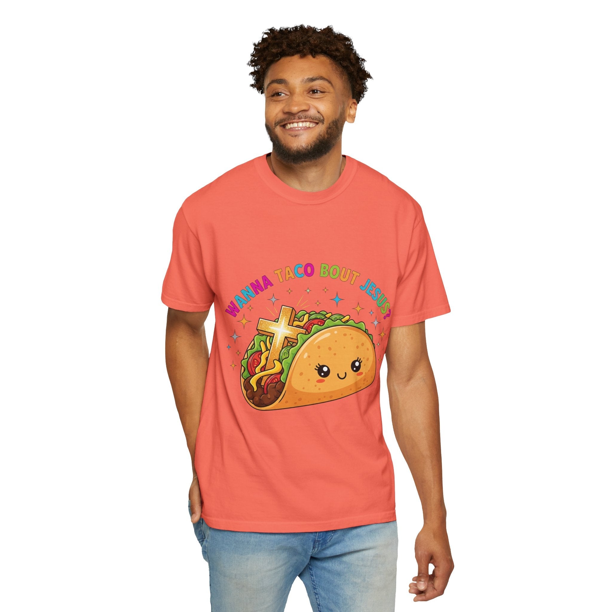 Wanna Taco 'Bout Jesus? Funny Christian Pun T-Shirt – Lettuce Pray & Share Faith! Printify