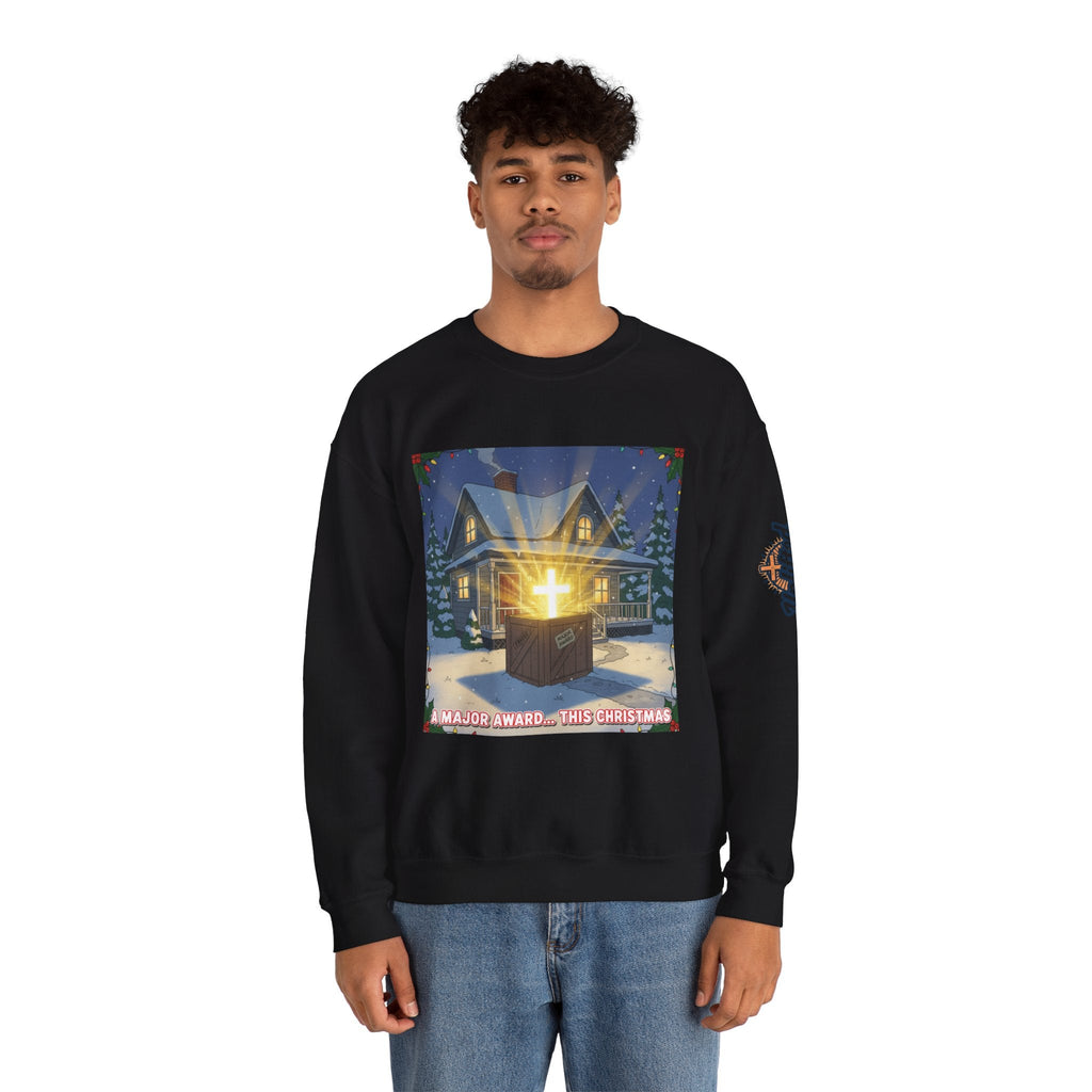 A Major Award This Christmas Sweatshirt – Fragile Leg Lamp Parody Cross Unboxing Christian Sweatshirt for Hilarious Faith & Holiday Glow Printify