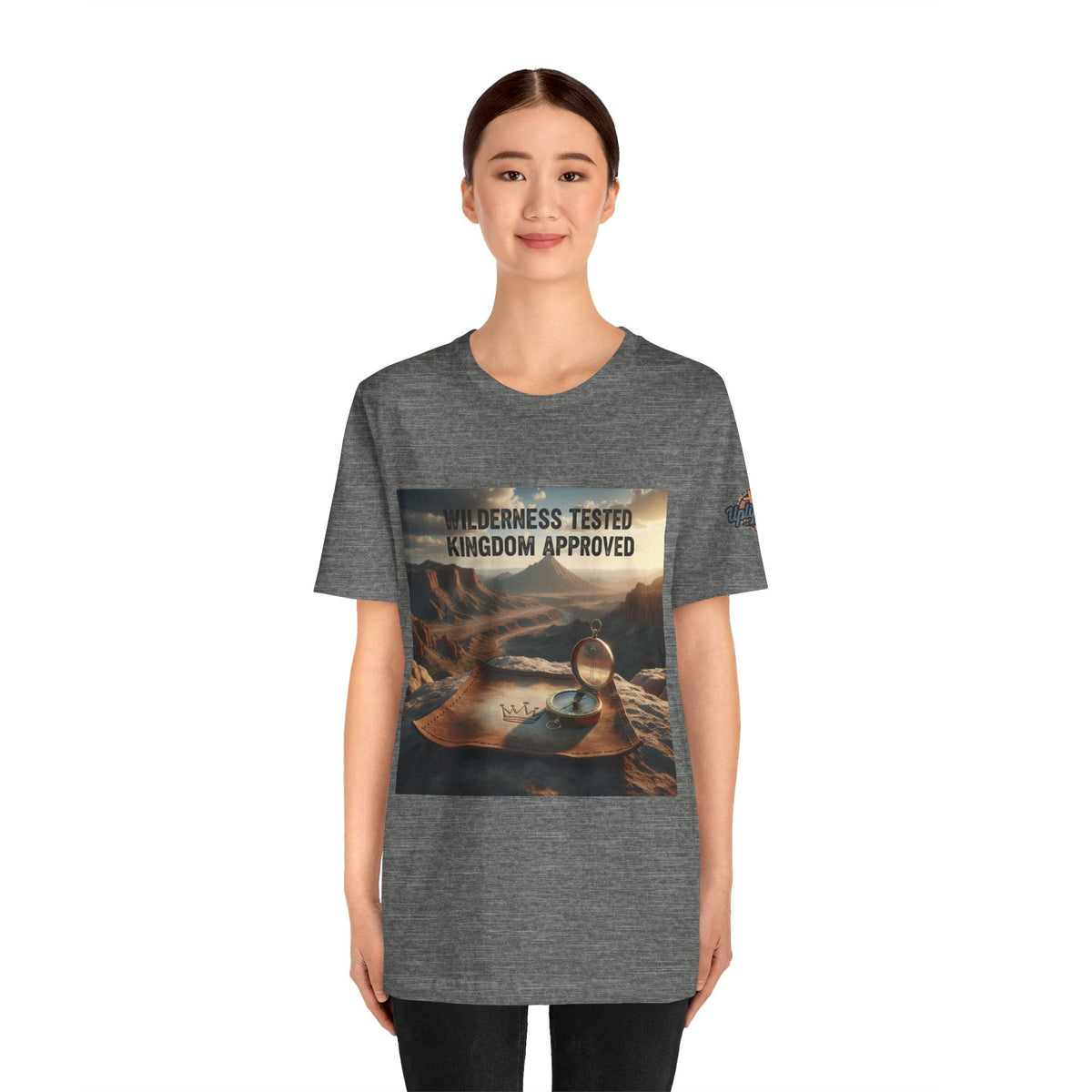 Wilderness Tested Kingdom Approved T-shirt – Mountain Desert Compass Crown Christian T-shirt for Biblical Adventure Faith Printify