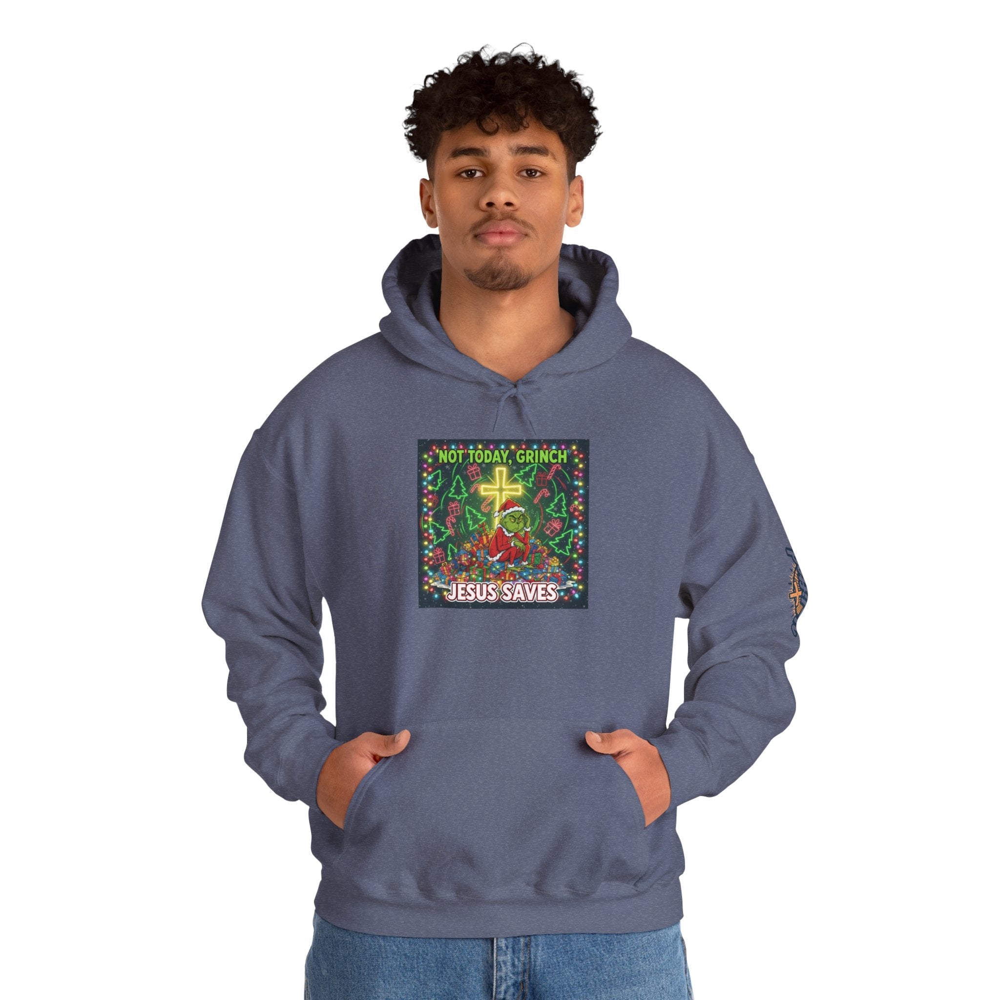 🎄 Not Today, Grinch – Jesus Saves | Funny Christian Christmas Hoodie | Festive Green & Red Cartoon Style | Bold Faith Holiday Tee by Uplifted Gear Printify