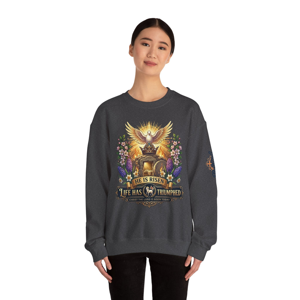He Is Risen "Life Has Triumphed" Sweatshirt — Easter Resurrection Christian Sweatshirt Printify