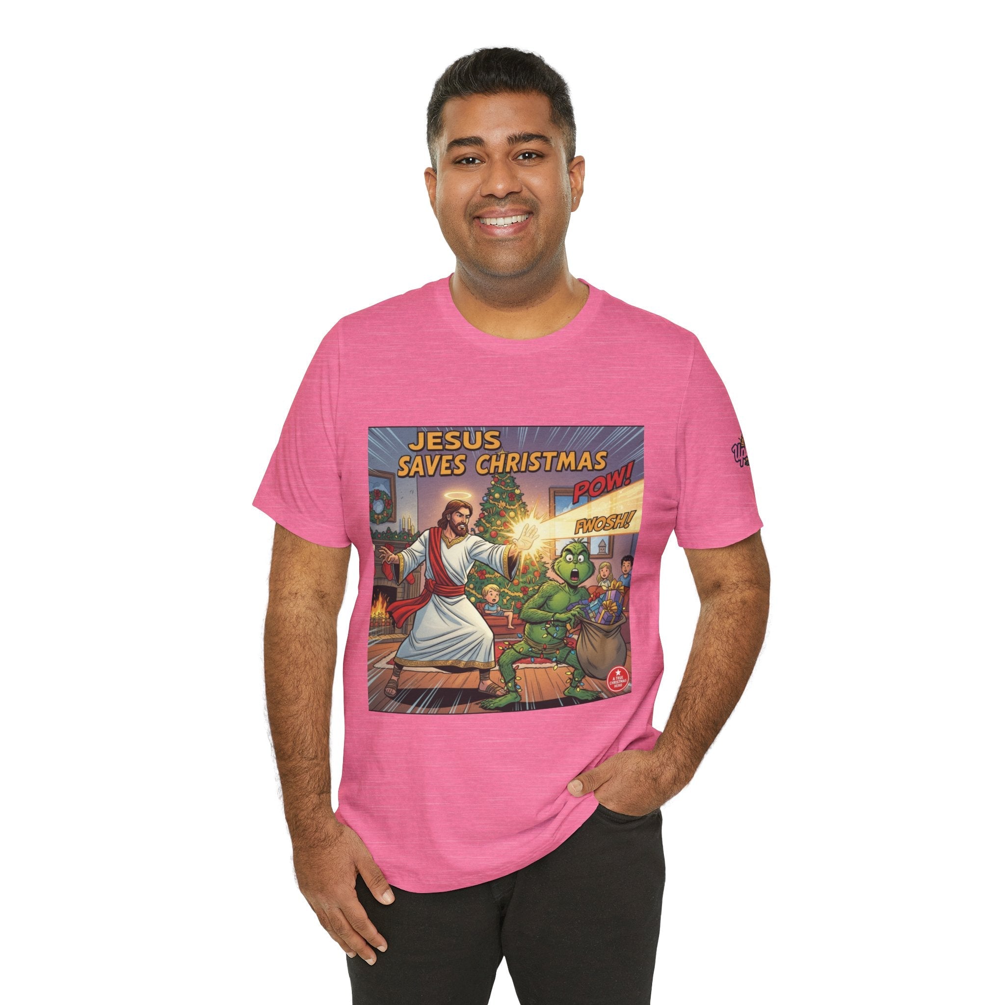 Jesus Saves Christmas T-shirt – Grinch vs Savior Light Battle Christian T-shirt for Hilarious Holiday Faith & True Joy Printify