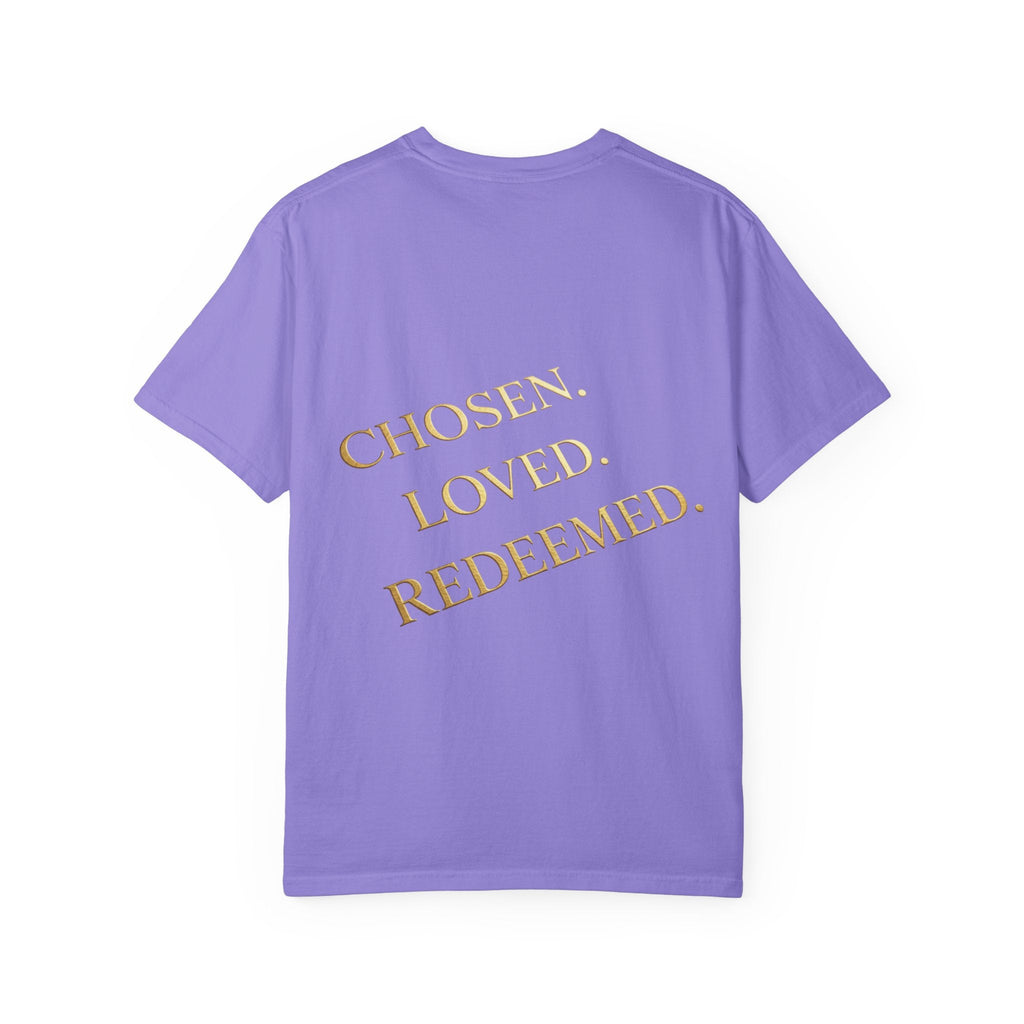 ✨ Chosen. Loved. Redeemed. – Elegant Christian T-Shirt | Gold Foil Faith Tee | Subtle Cross & Heart Design | Inspirational Bible Verse Apparel by Uplifted Gear Printify