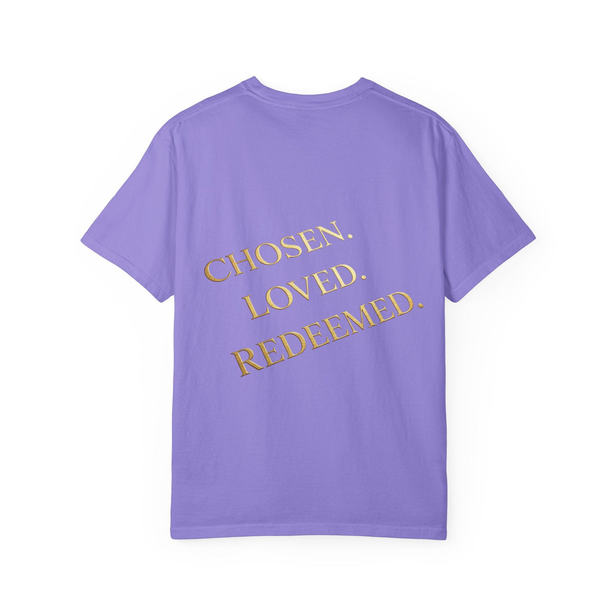 ✨ Chosen. Loved. Redeemed. – Elegant Christian T-Shirt | Gold Foil Faith Tee | Subtle Cross & Heart Design | Inspirational Bible Verse Apparel by Uplifted Gear Printify