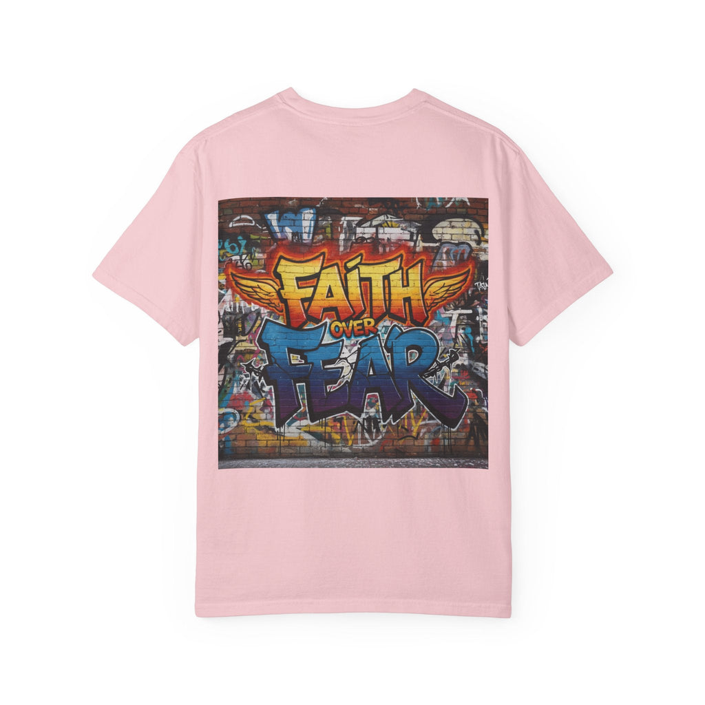Faith Over Fear T-shirt – Graffiti Wall Christian T-shirt for Bold 2 Corinthians 5:7 Streetwear & Unshakable Faith Printify