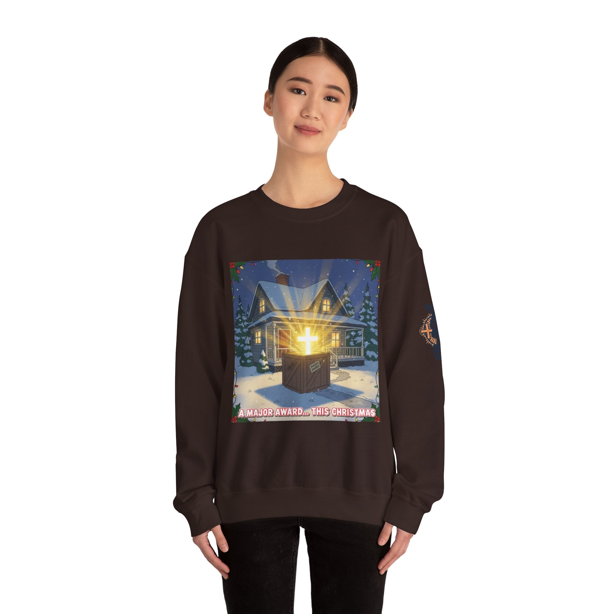 A Major Award This Christmas Sweatshirt – Fragile Leg Lamp Parody Cross Unboxing Christian Sweatshirt for Hilarious Faith & Holiday Glow Printify