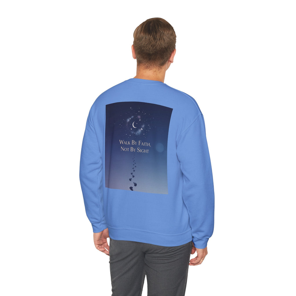 Walk by Faith, Not by Sight Sweatshirt – Moonlit Footprints Christian Sweatshirt for Cozy Nights Printify