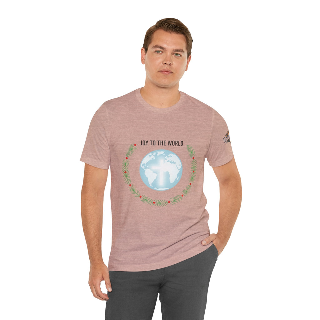 Joy to the World T-shirt – Wreath Earth Nativity Christian Christmas T-shirt for Isaiah 9:6 Holiday Faith & Festive Joy Printify