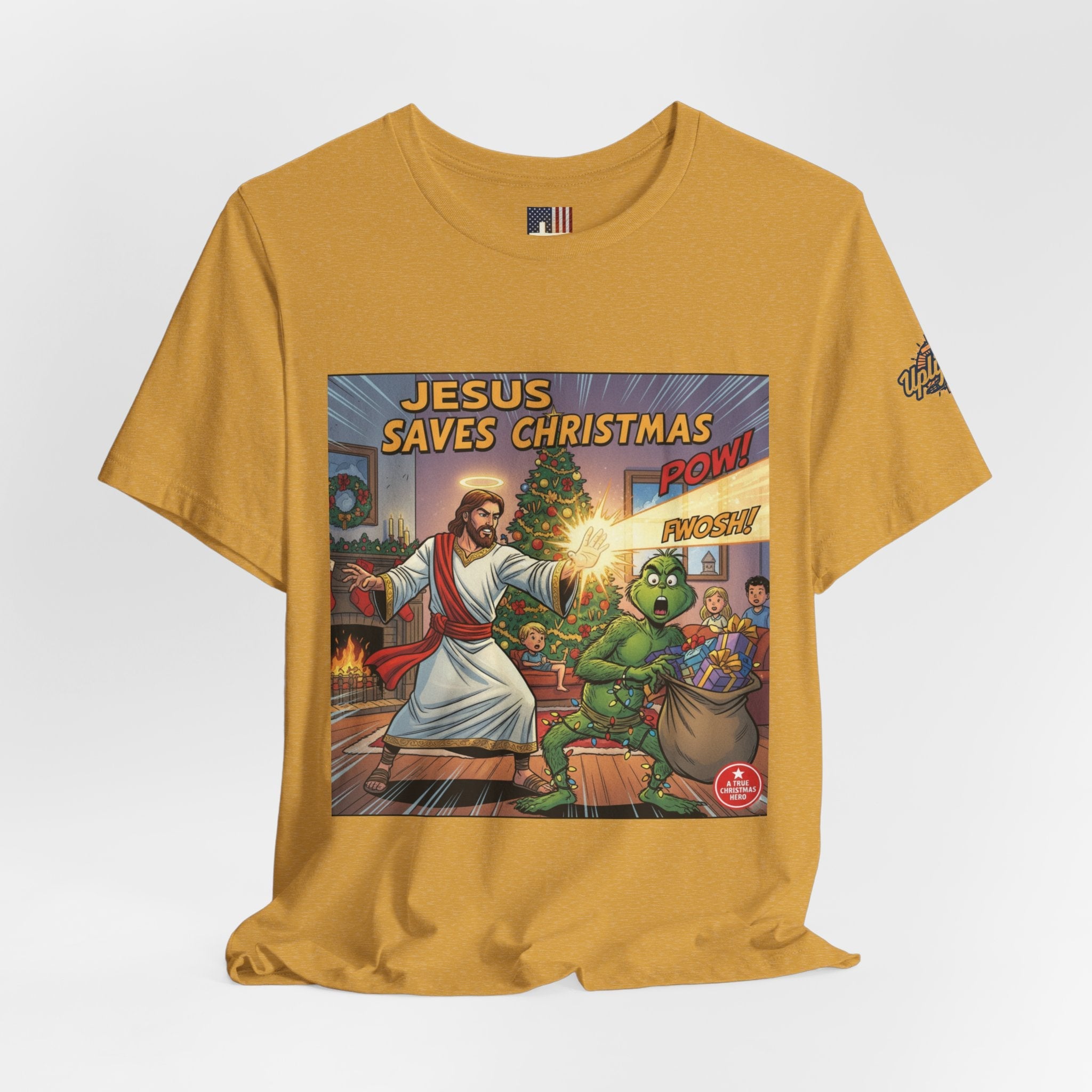 Jesus Saves Christmas T-shirt – Grinch vs Savior Light Battle Christian T-shirt for Hilarious Holiday Faith & True Joy Printify