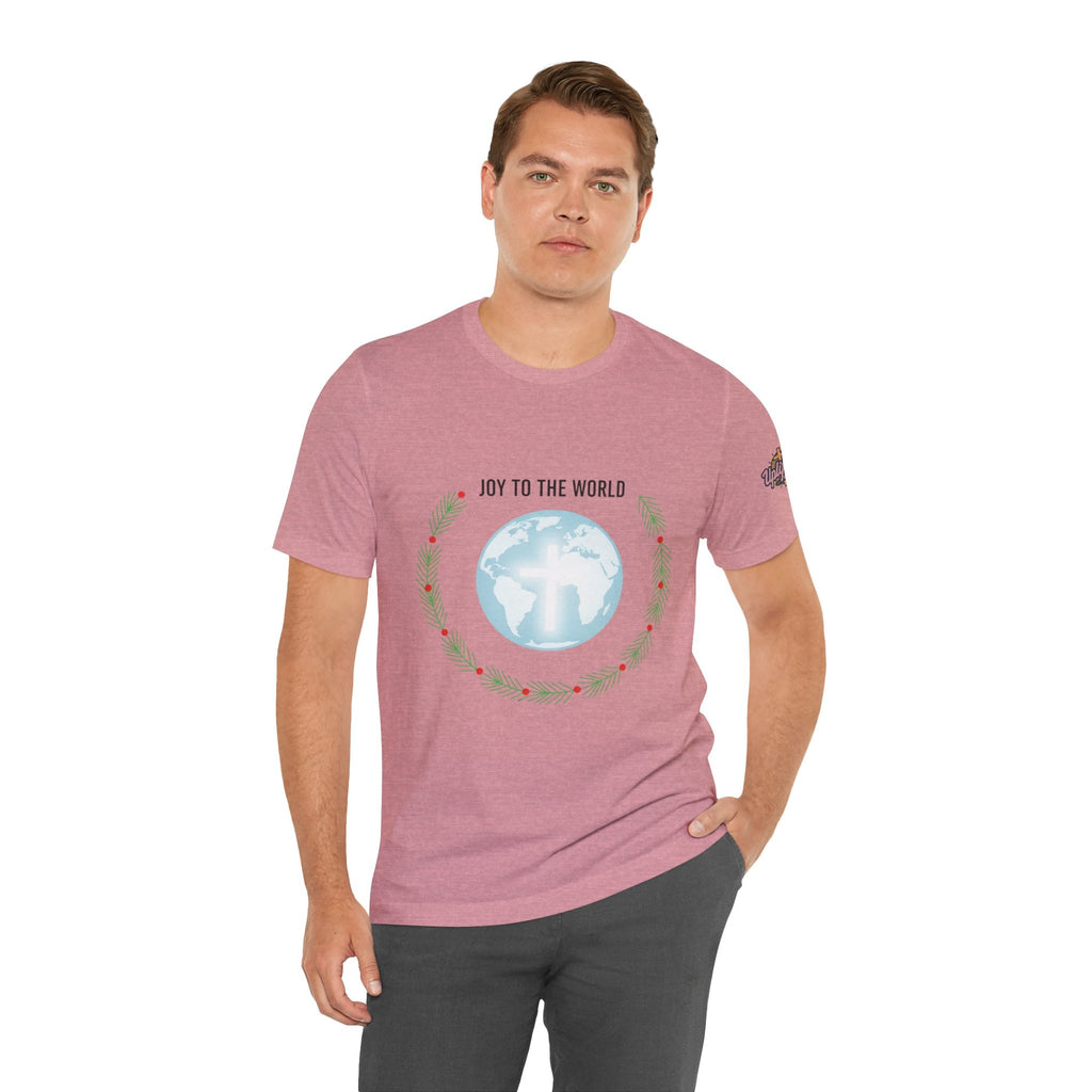 Joy to the World T-shirt – Wreath Earth Nativity Christian Christmas T-shirt for Isaiah 9:6 Holiday Faith & Festive Joy Printify