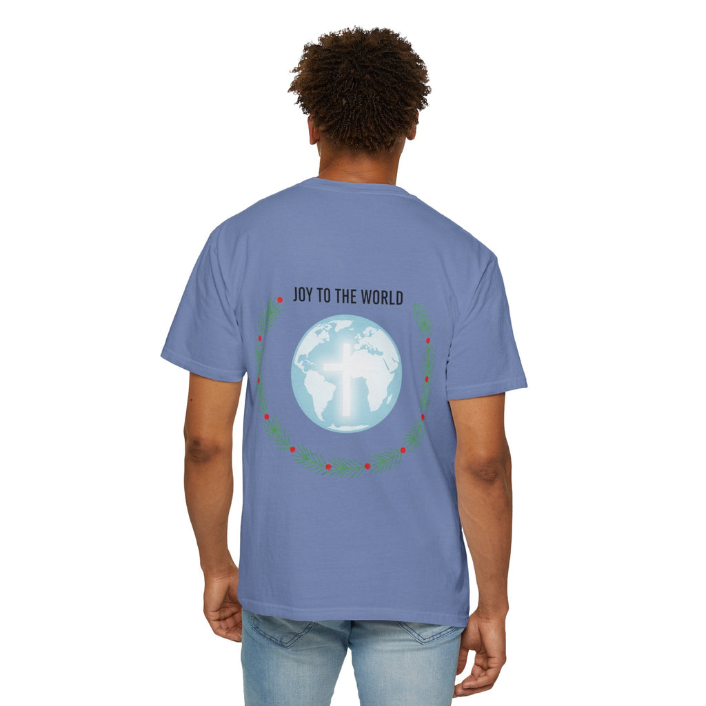 Joy to the World T-shirt – Wreath Earth Nativity Christian Christmas T-shirt for Isaiah 9:6 Holiday Faith & Festive Joy Printify