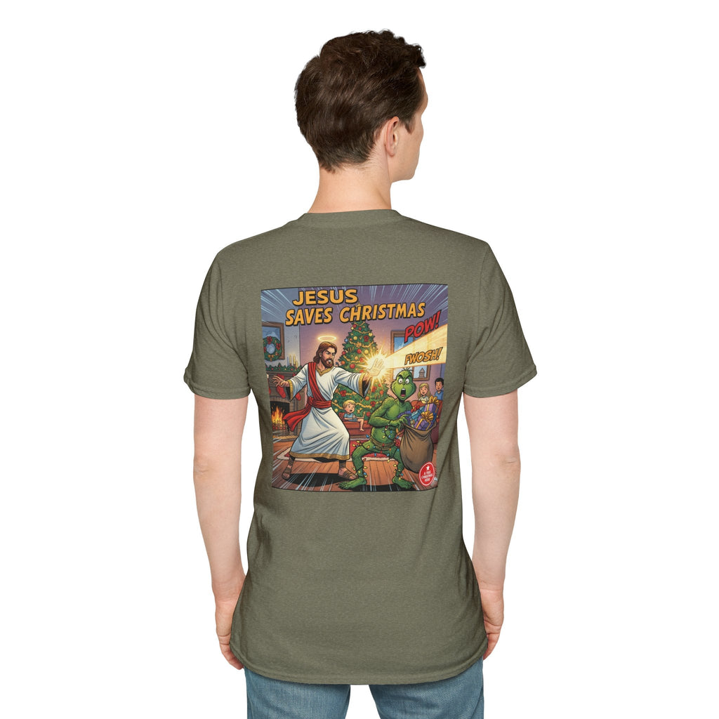 Jesus Saves Christmas T-shirt – Grinch vs Savior Light Battle Christian T-shirt for Hilarious Holiday Faith & True Joy Printify