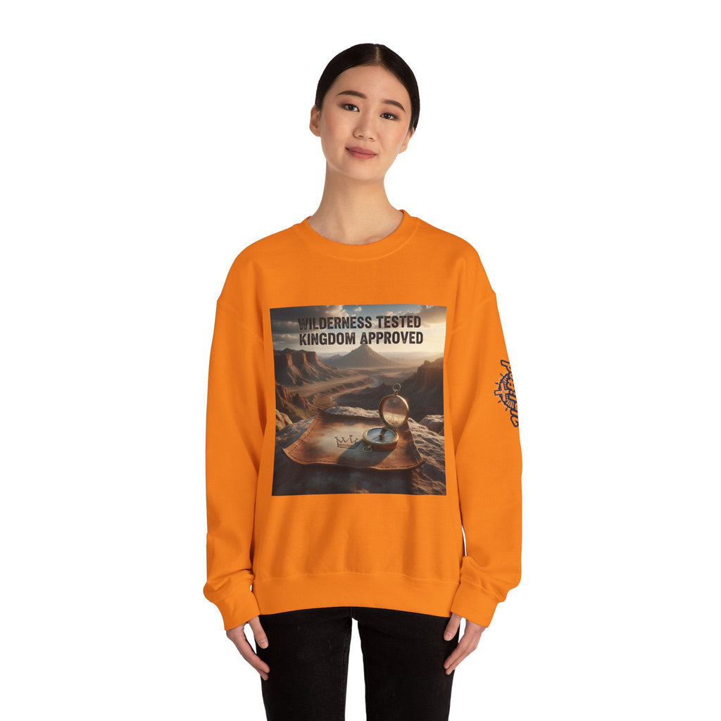 Wilderness Tested Kingdom Approved Sweatshirt – Mountain Desert Compass Crown Christian Sweatshirt for Biblical Adventure Faith Printify