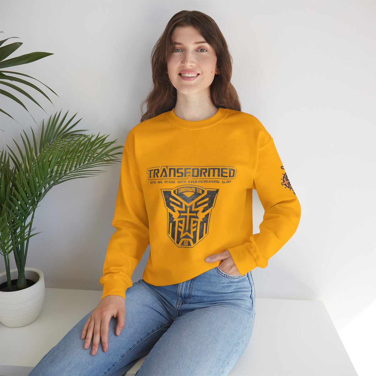 Transformer Logo Christian Sweatshirt | 2 Corinthians 3:18 Bible Verse Sweatshirt Printify