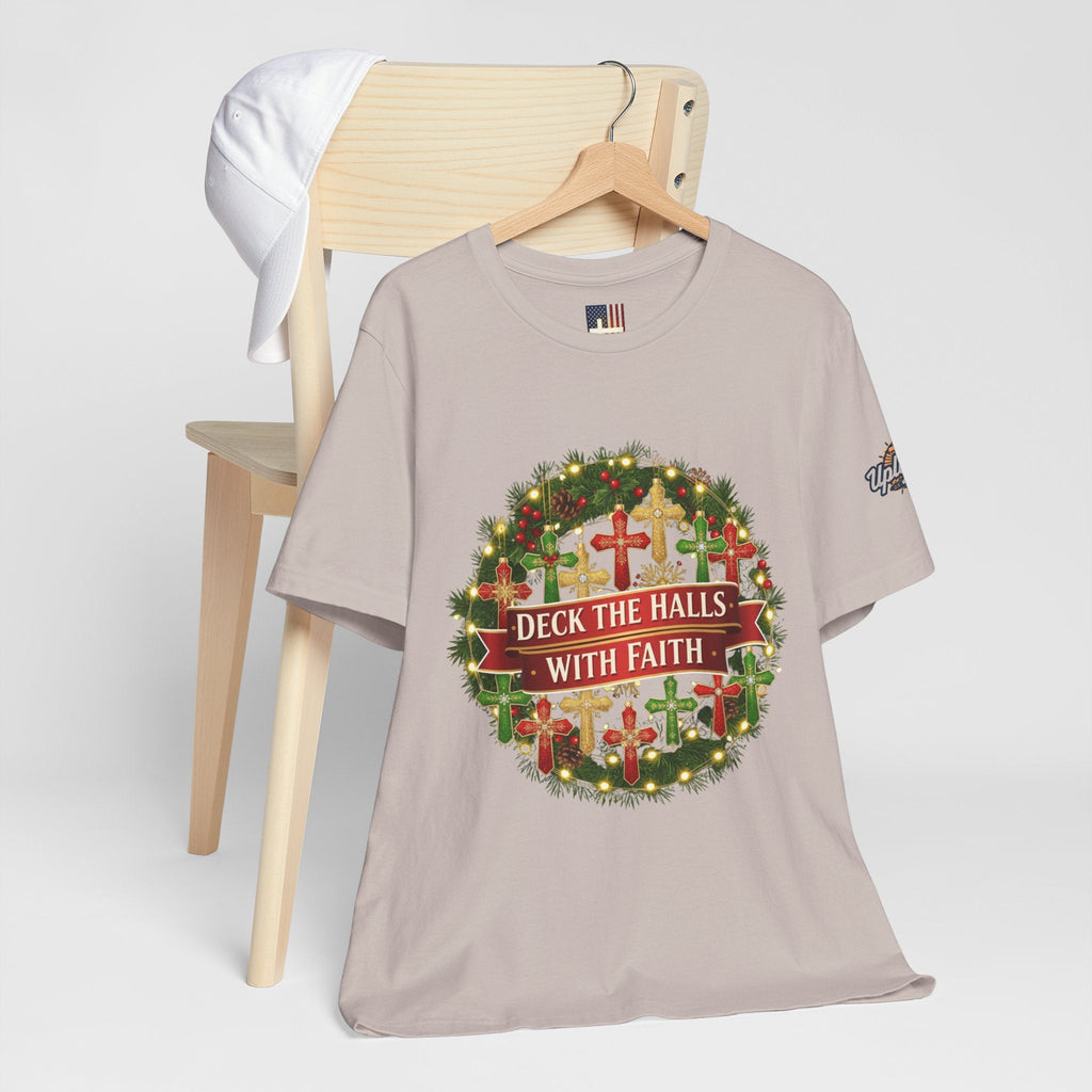 🎄 Deck the Halls with Faith – Christian Christmas T-Shirt | Cross Ornament Design & Festive Garland | Bold Holiday Faith Tee by Uplifted Gear Printify