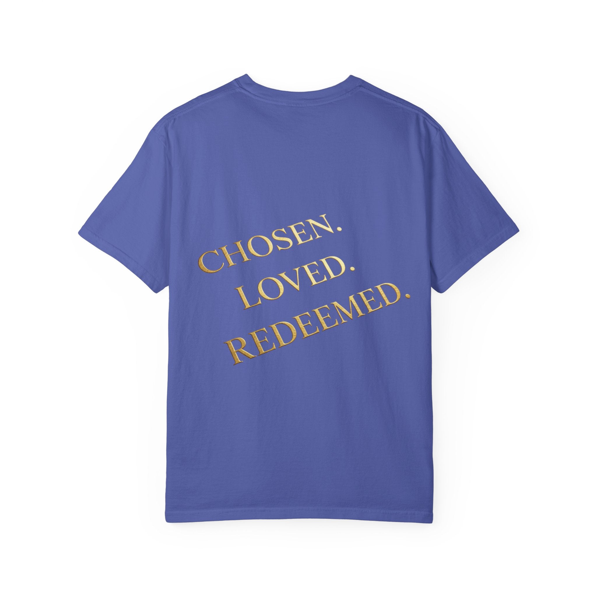 ✨ Chosen. Loved. Redeemed. – Elegant Christian T-Shirt | Gold Foil Faith Tee | Subtle Cross & Heart Design | Inspirational Bible Verse Apparel by Uplifted Gear Printify