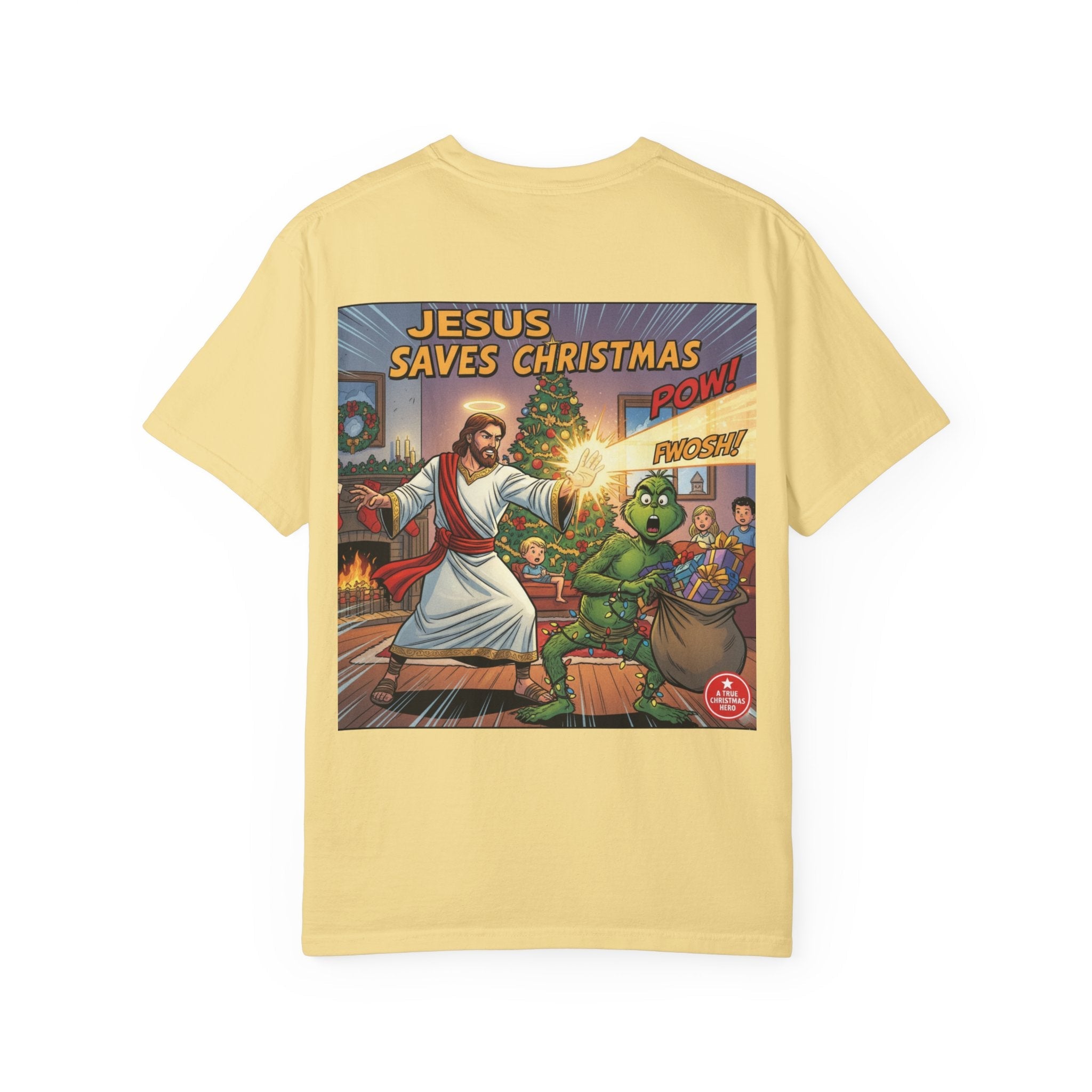 Jesus Saves Christmas T-shirt – Grinch vs Savior Light Battle Christian T-shirt for Hilarious Holiday Faith & True Joy Printify