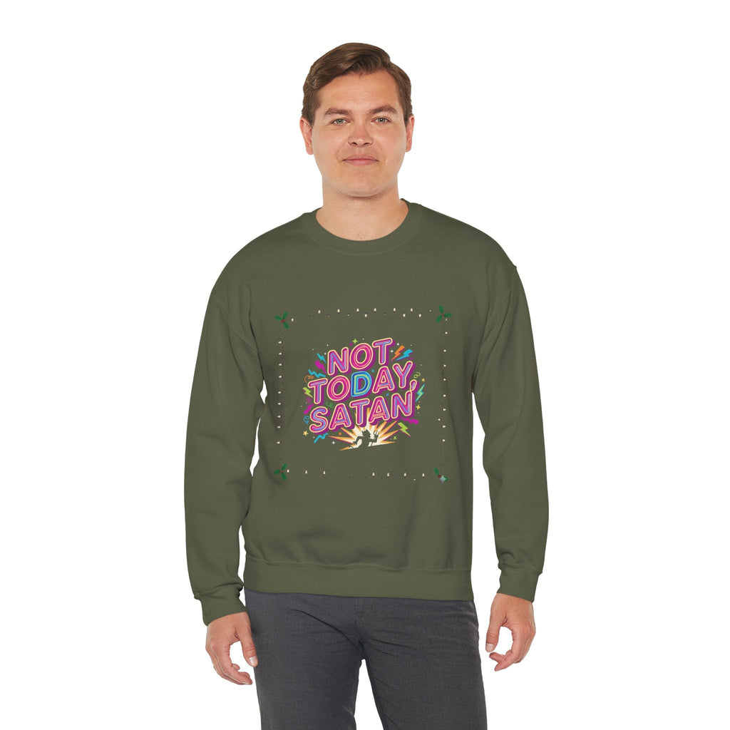 🔥 Not Today, Satan – Retro 90s Christian Sweatshirt | Neon Faith Tee | Funky Cartoon Devil | Bold Bible Verse Shirt | Uplifted Gear Printify