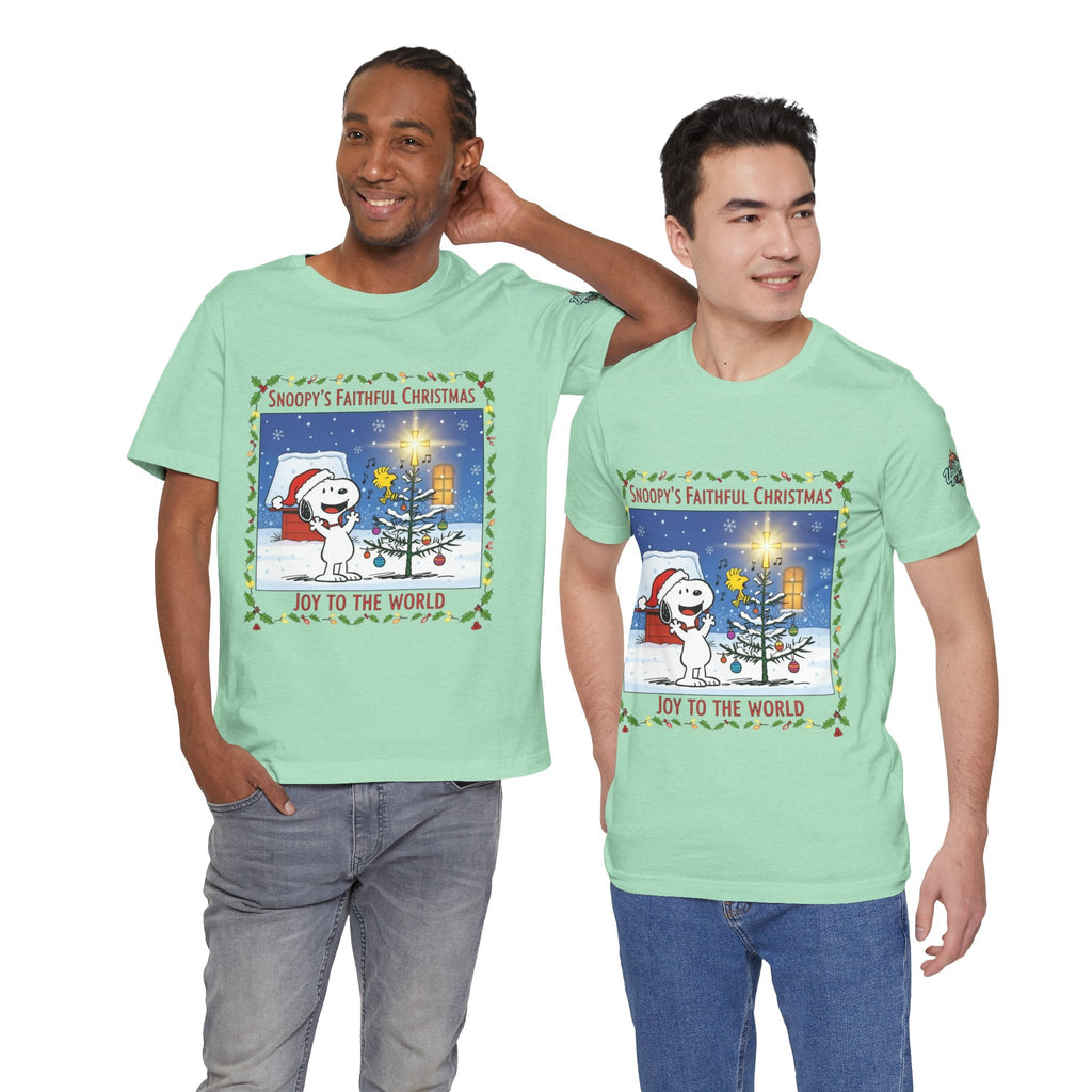 🎄 Faithful Christmas Friends – Christian Holiday T-Shirt | Festive Tree & Cartoon Duo | Heartwarming Christmas Tee by Uplifted Gear Printify
