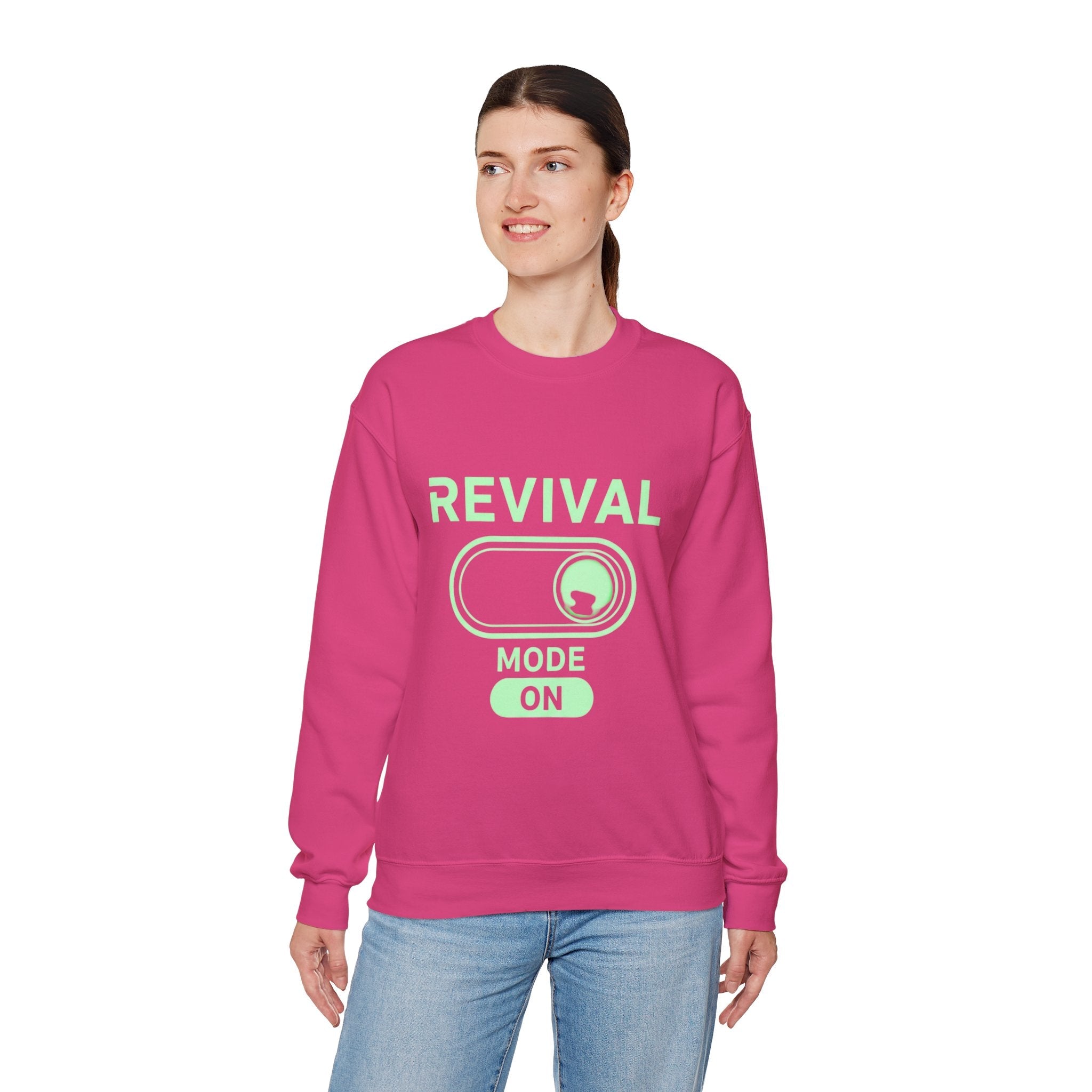 🔥 Revival Mode: ON – Christian Techwear Sweatshirt | Glowing Green Faith Switch | Futuristic Jesus Shirt | Activate Your Spiritual Awakening | Uplifted Gear Printify