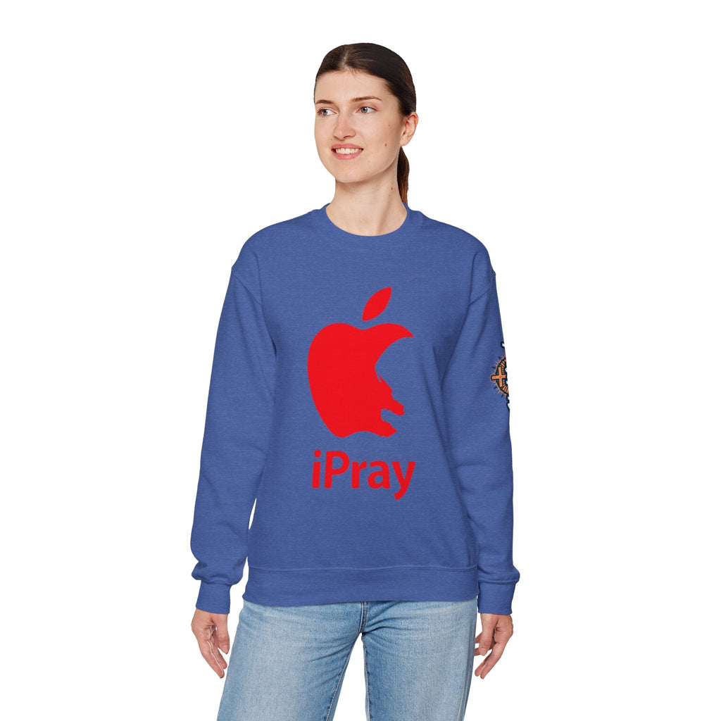 iPray Apple Logo Sweatshirt — Funny Christian Sweatshirt (Minimal Red Apple Graphic) Printify