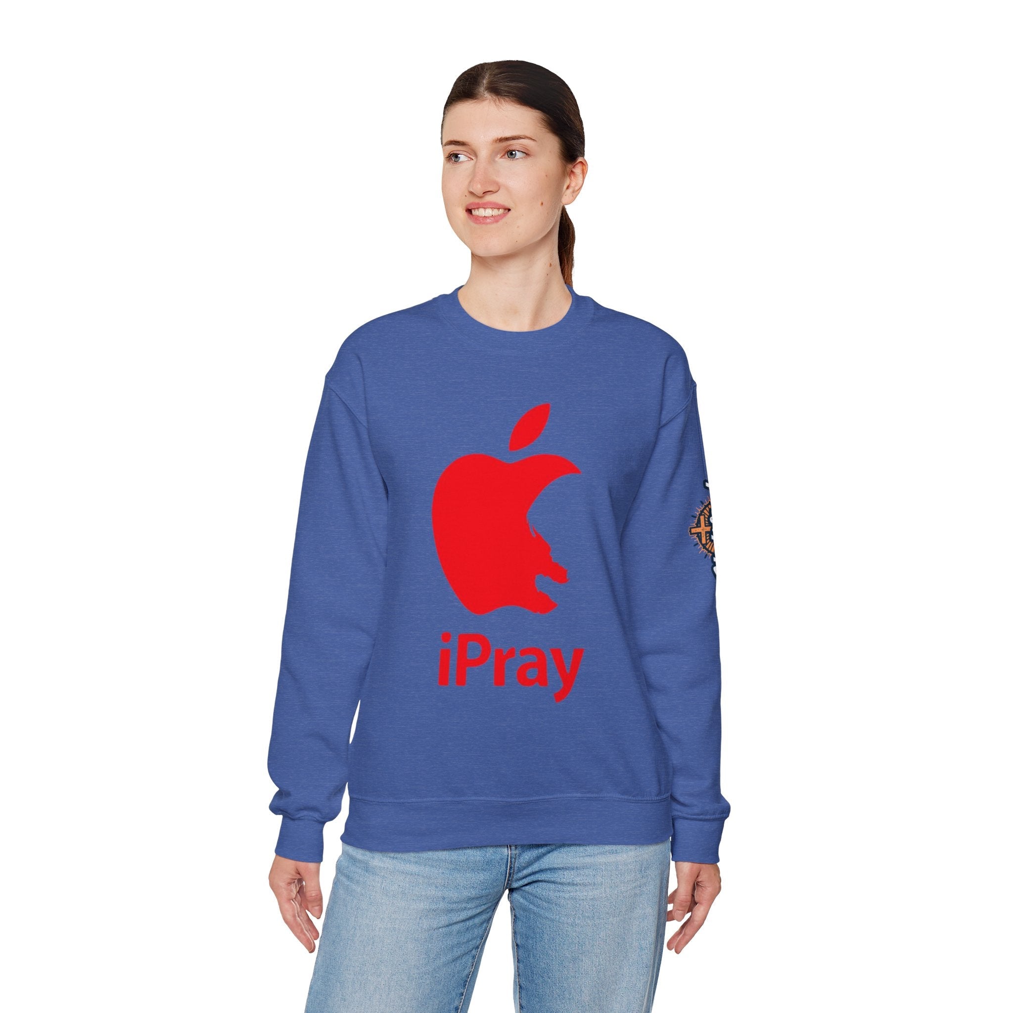 iPray Apple Logo Sweatshirt — Funny Christian Sweatshirt (Minimal Red Apple Graphic) Printify