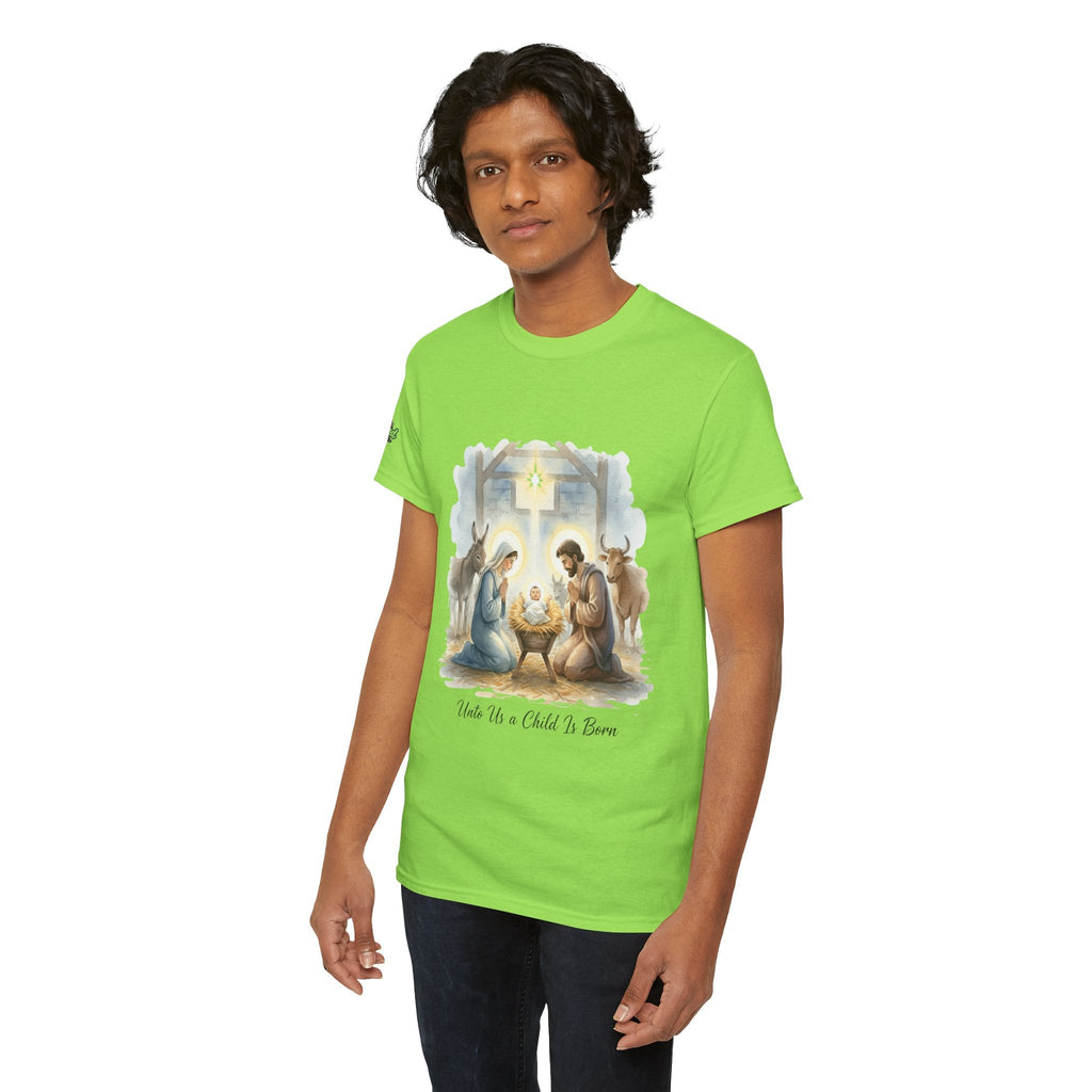 Unto Us a Child is Born T-shirt – Isaiah 9:6 Nativity Manger Scene Christian Christmas T-shirt for Holy Night Faith Printify