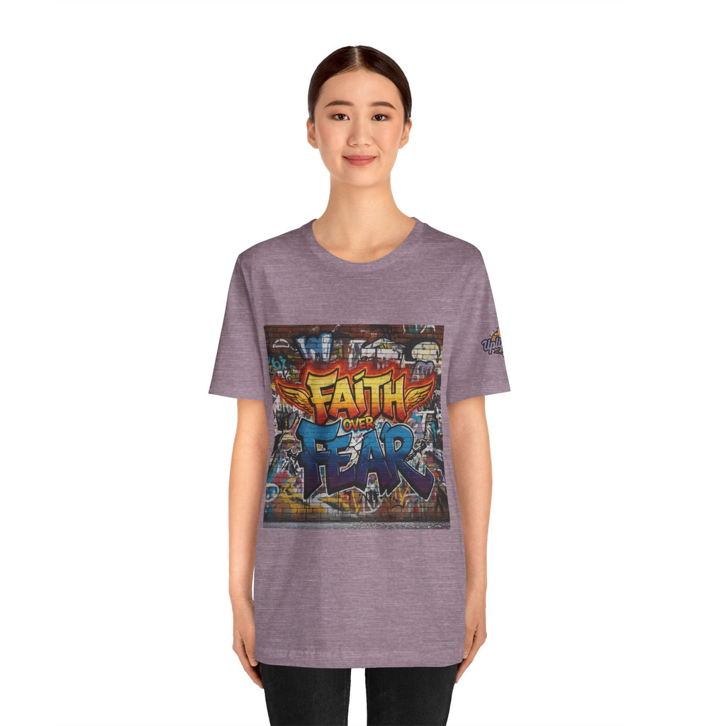 Faith Over Fear T-shirt – Graffiti Wall Christian T-shirt for Bold 2 Corinthians 5:7 Streetwear & Unshakable Faith Printify