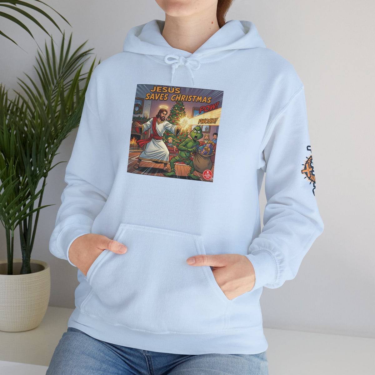 Jesus Saves Christmas Hoodie – Grinch vs Savior Light Battle Christian Sweatshirt for Hilarious Holiday Faith & True Joy Printify