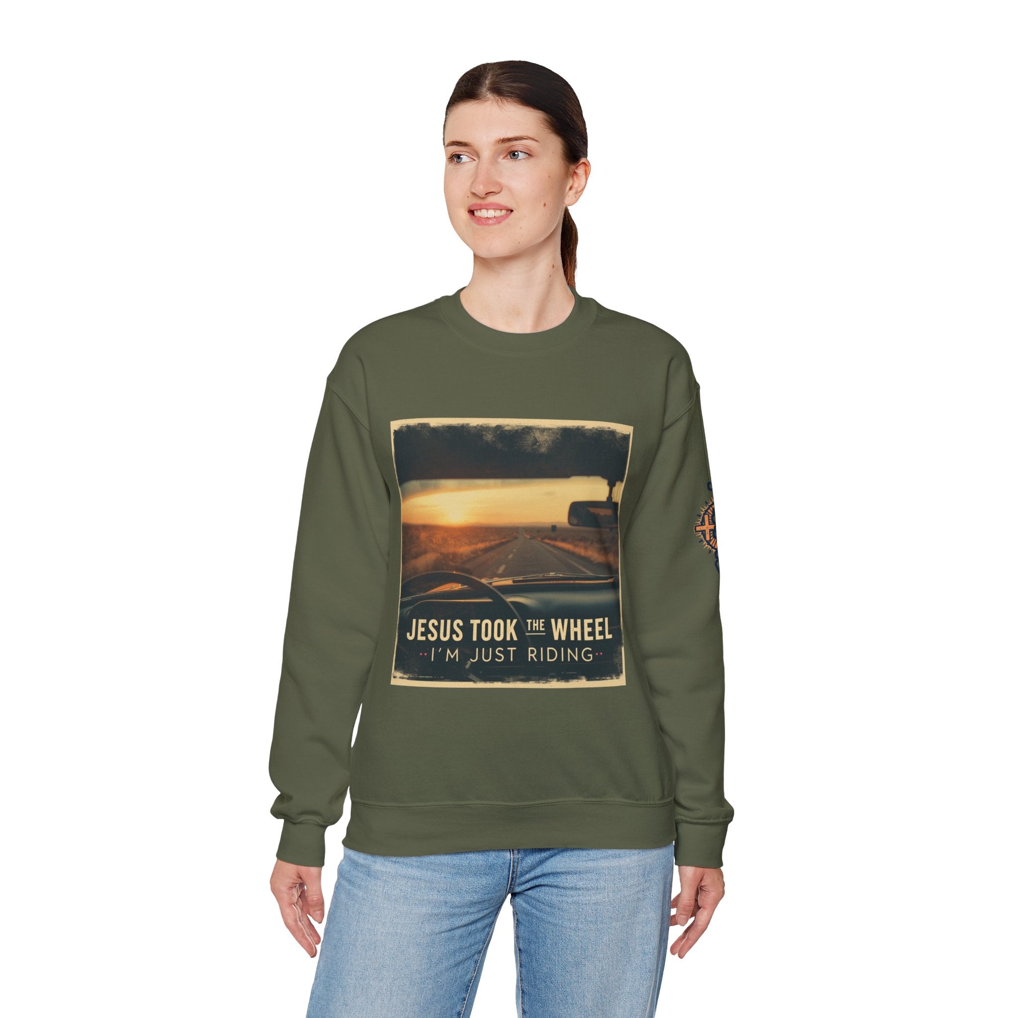 Jesus Took the Wheel I'm Just Riding Sweatshirt – Funny Christian Convertible Car Sweatshirt for Surrendered Faith & Humor
